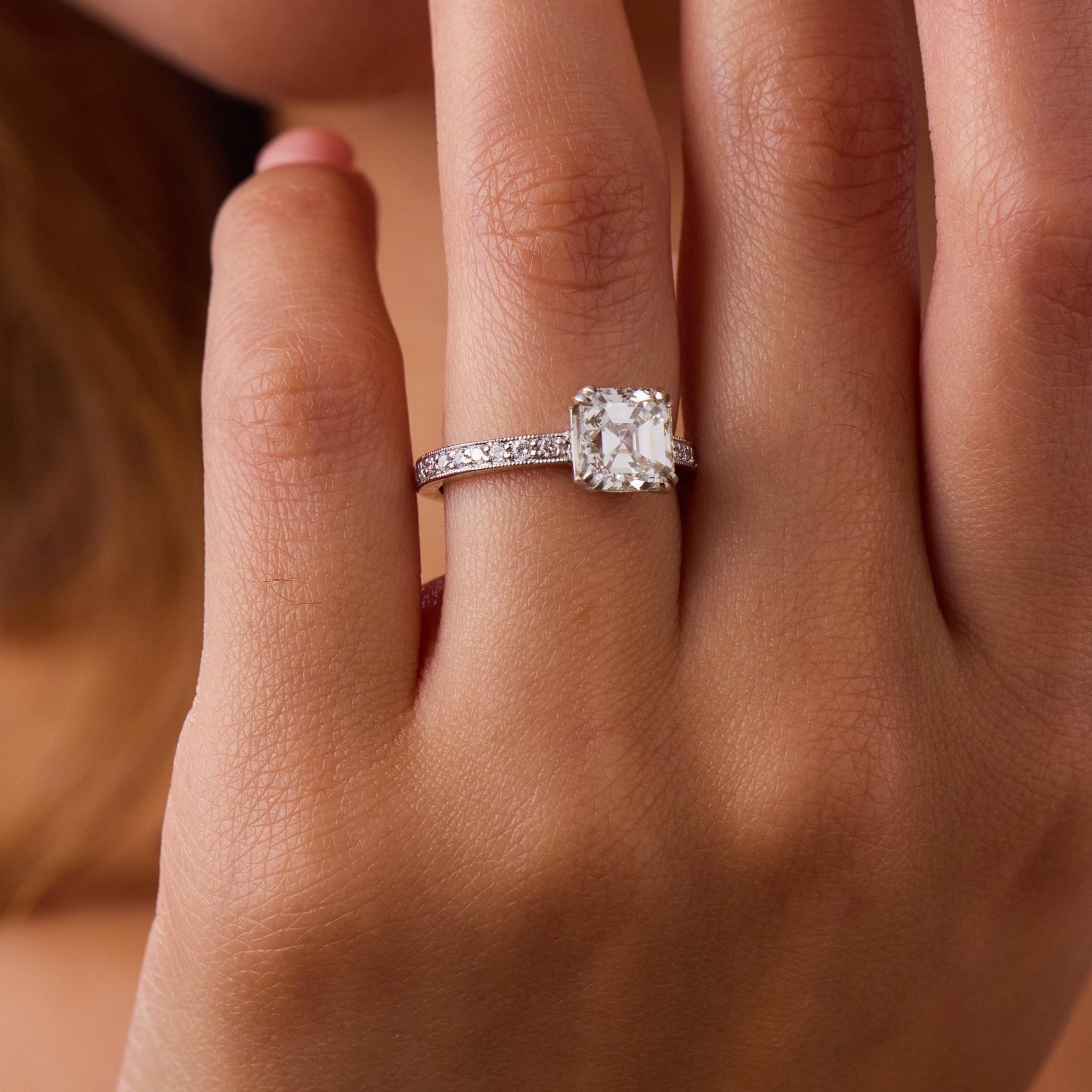 Vintage GIA 2.12 carat Asscher cut diamond platinum engagement ring