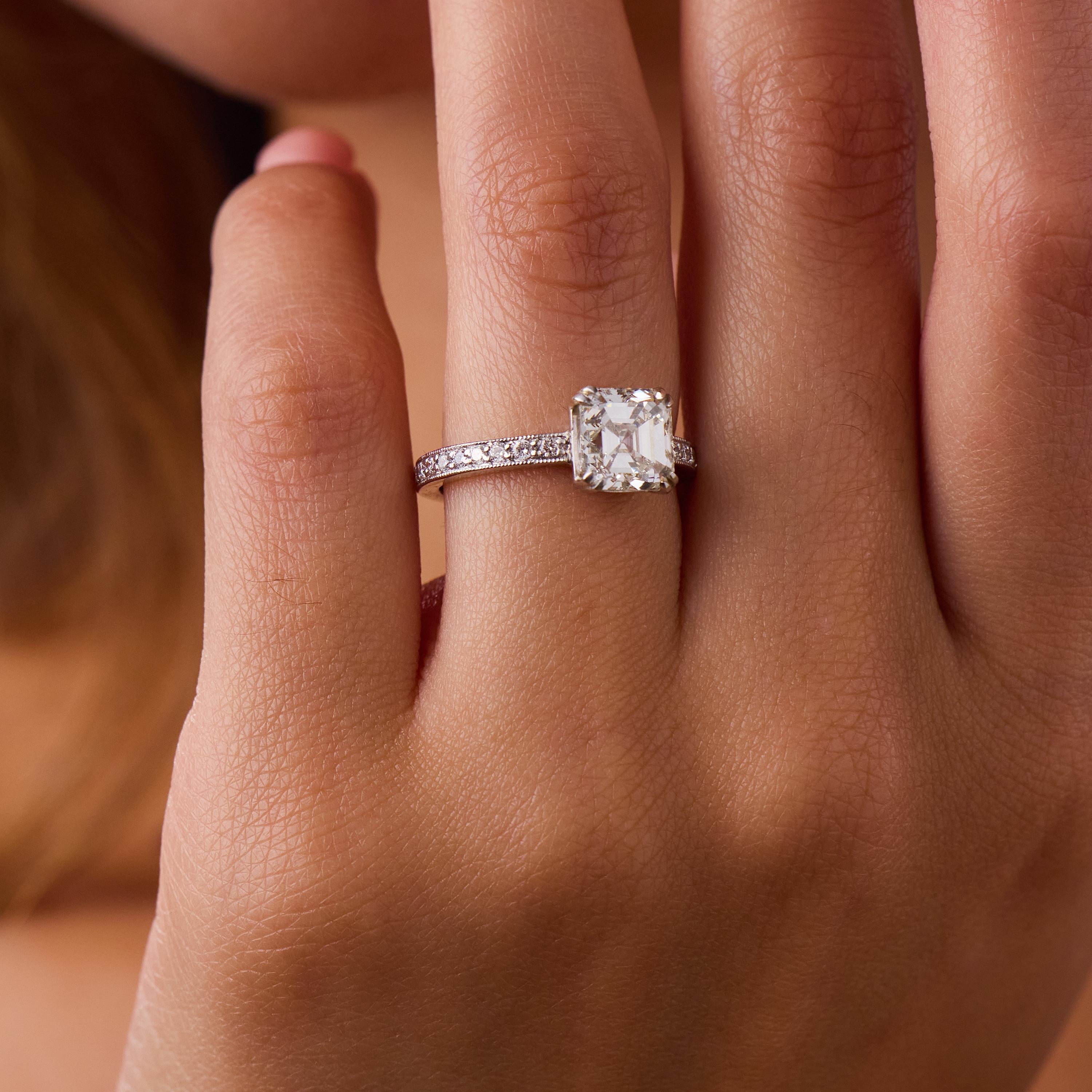 Vintage GIA 2.12 carat Asscher cut diamond platinum engagement ring