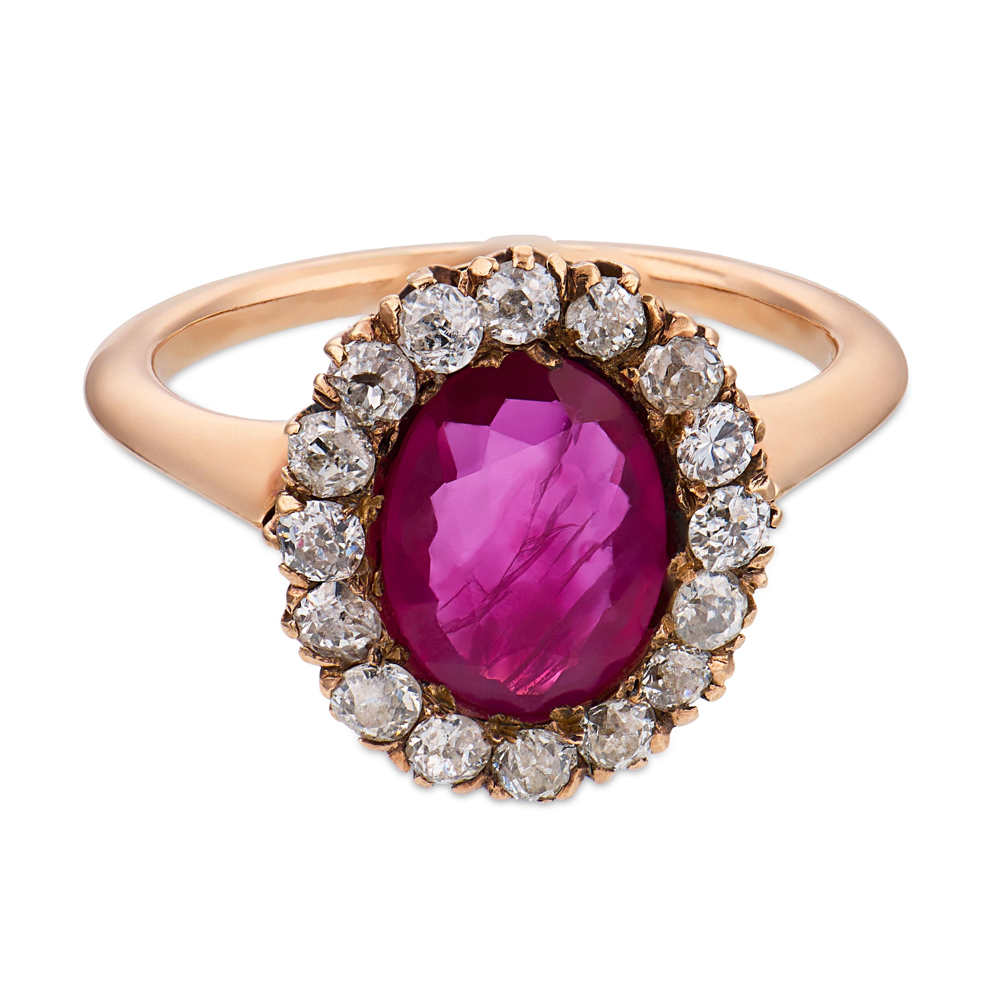 Victorian GIA Burma ruby diamond 9 karat yellow gold halo ring