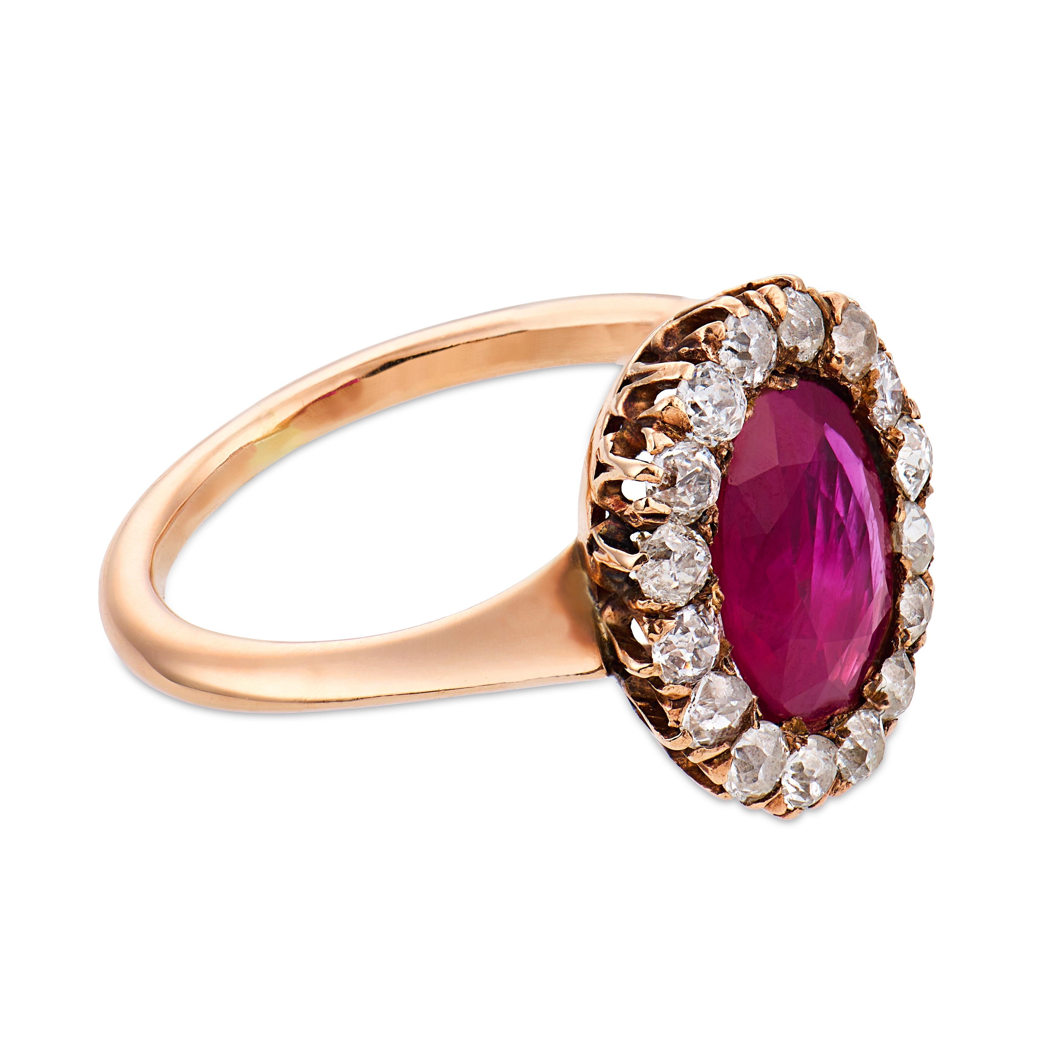 Victorian GIA Burma ruby diamond 9 karat yellow gold halo ring