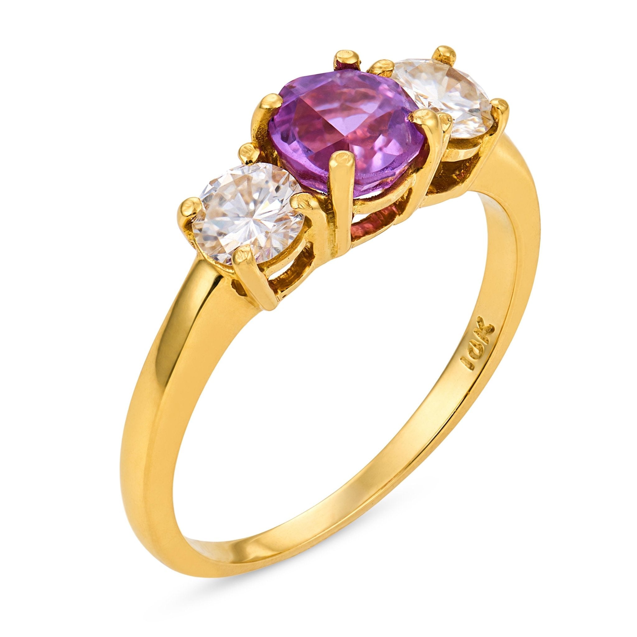 Vintage pink sapphire diamond 18k yellow gold three stone ring
