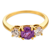 Vintage pink sapphire diamond 18k yellow gold three stone ring