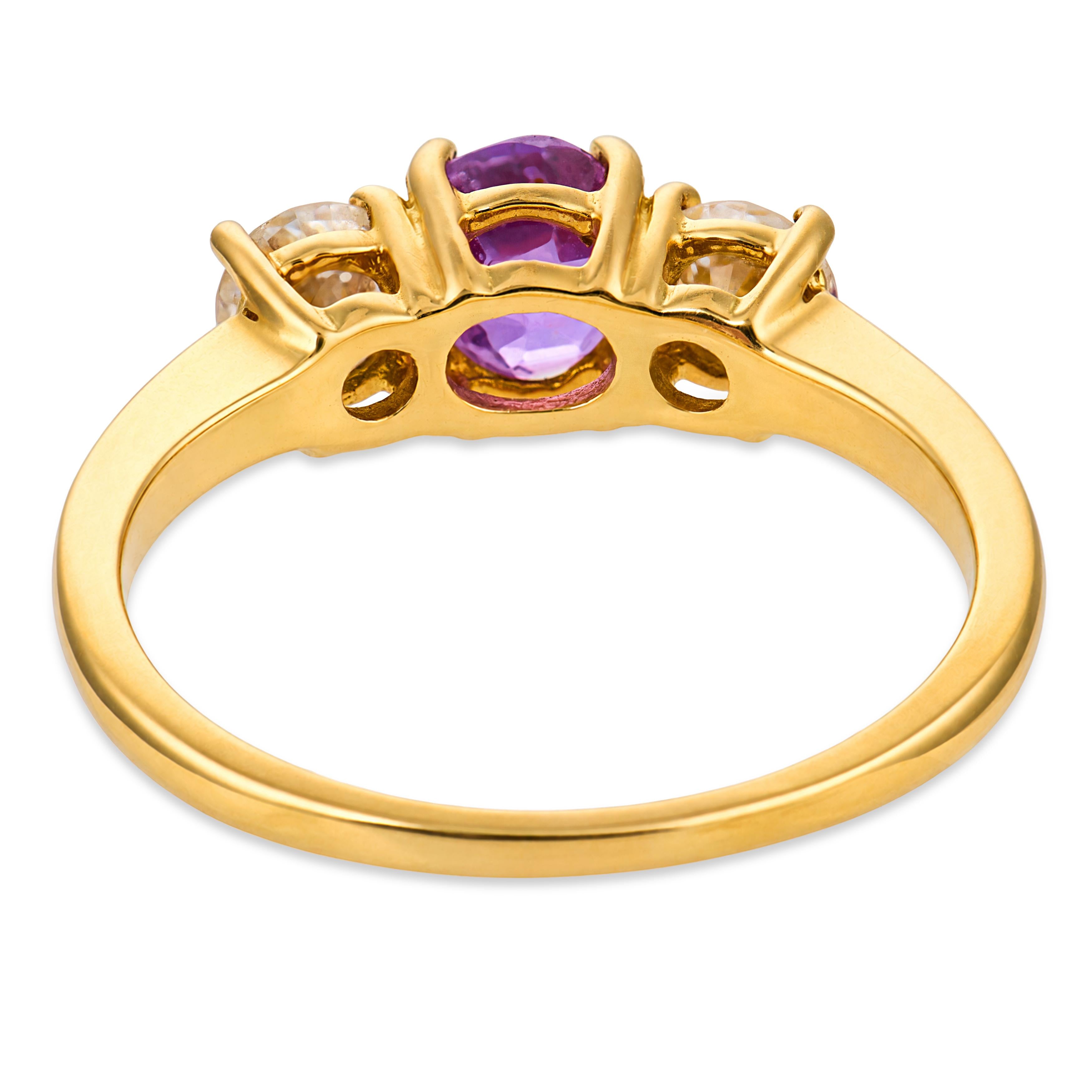 Vintage pink sapphire diamond 18k yellow gold three stone ring