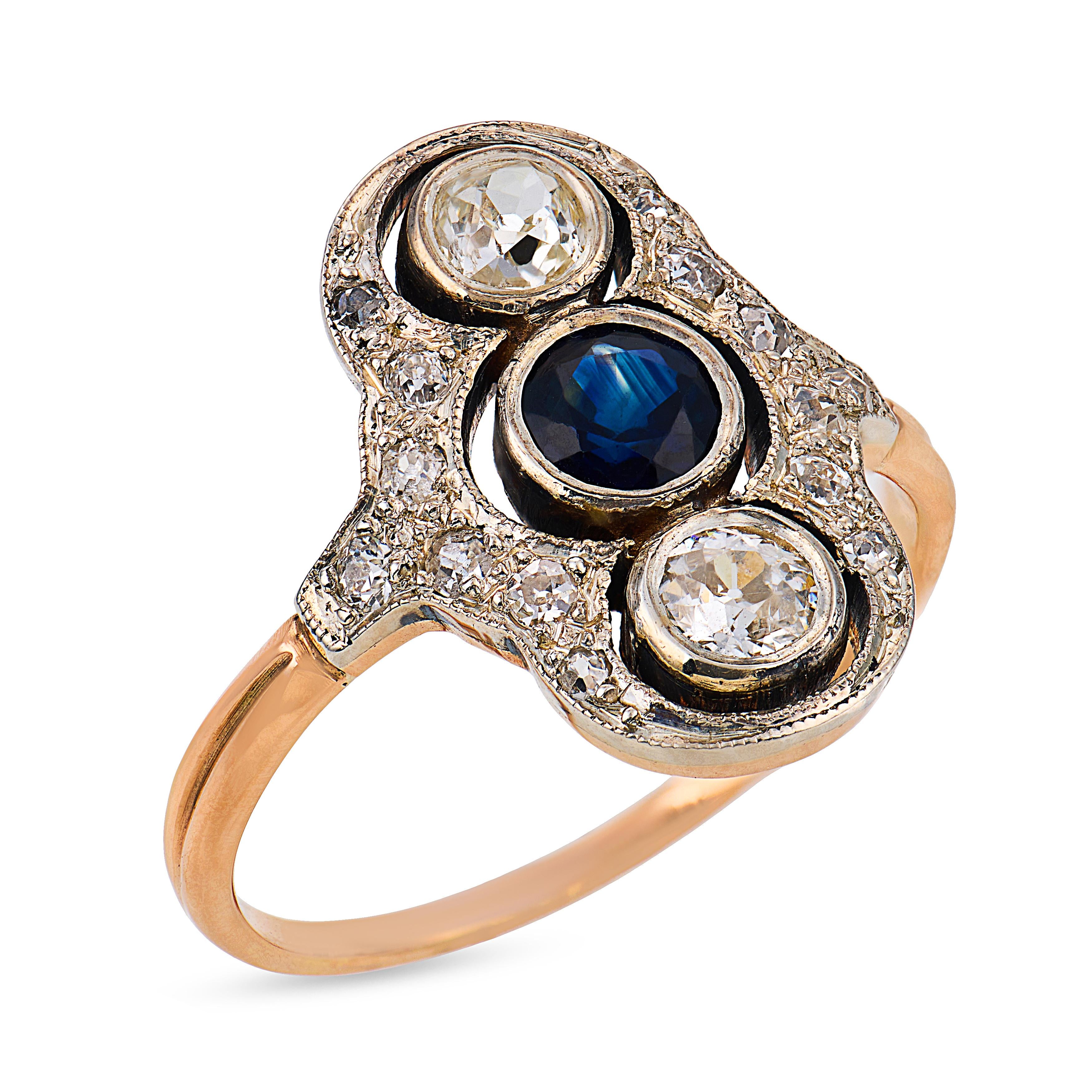 Edwardian Austro-Hungarian sapphire diamond 14k rose gold silver ring