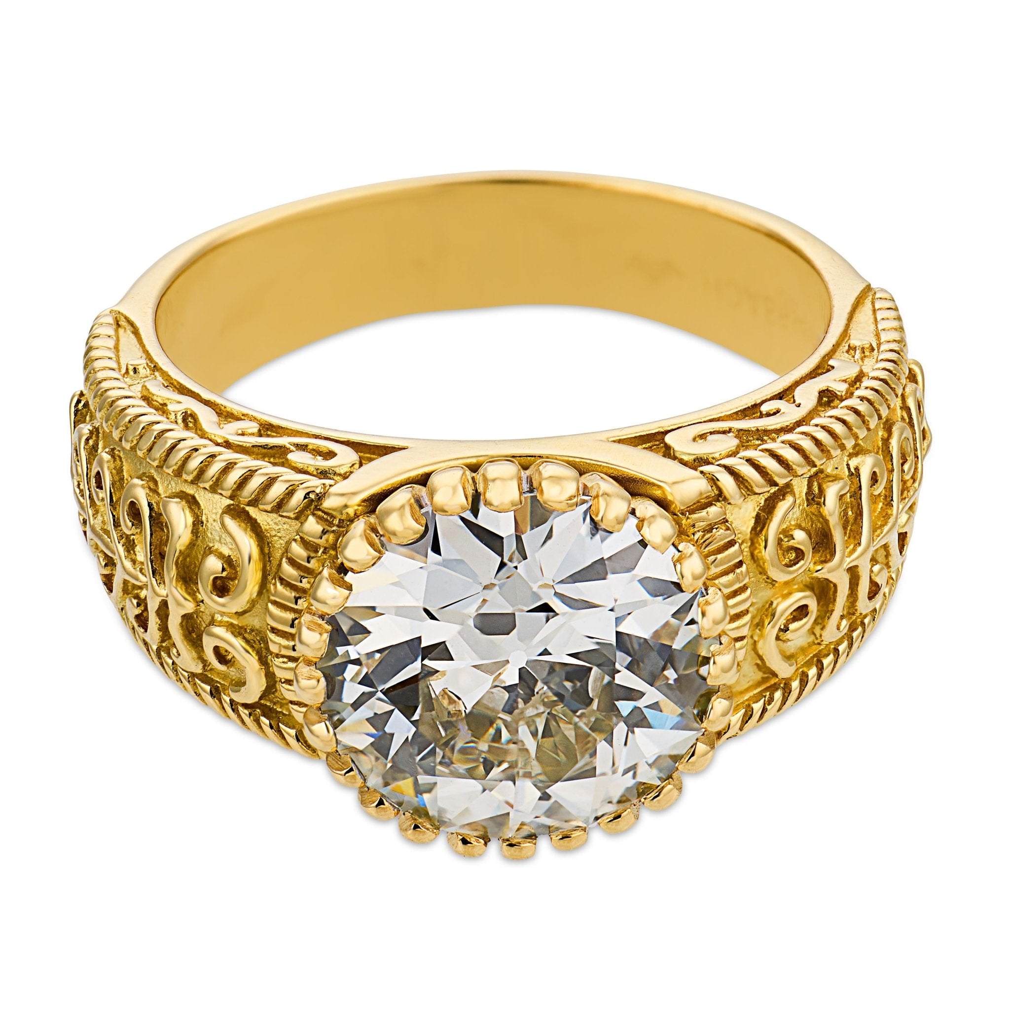 Mid Century GIA 3.41 carat old European cut diamond 18k yellow gold ring