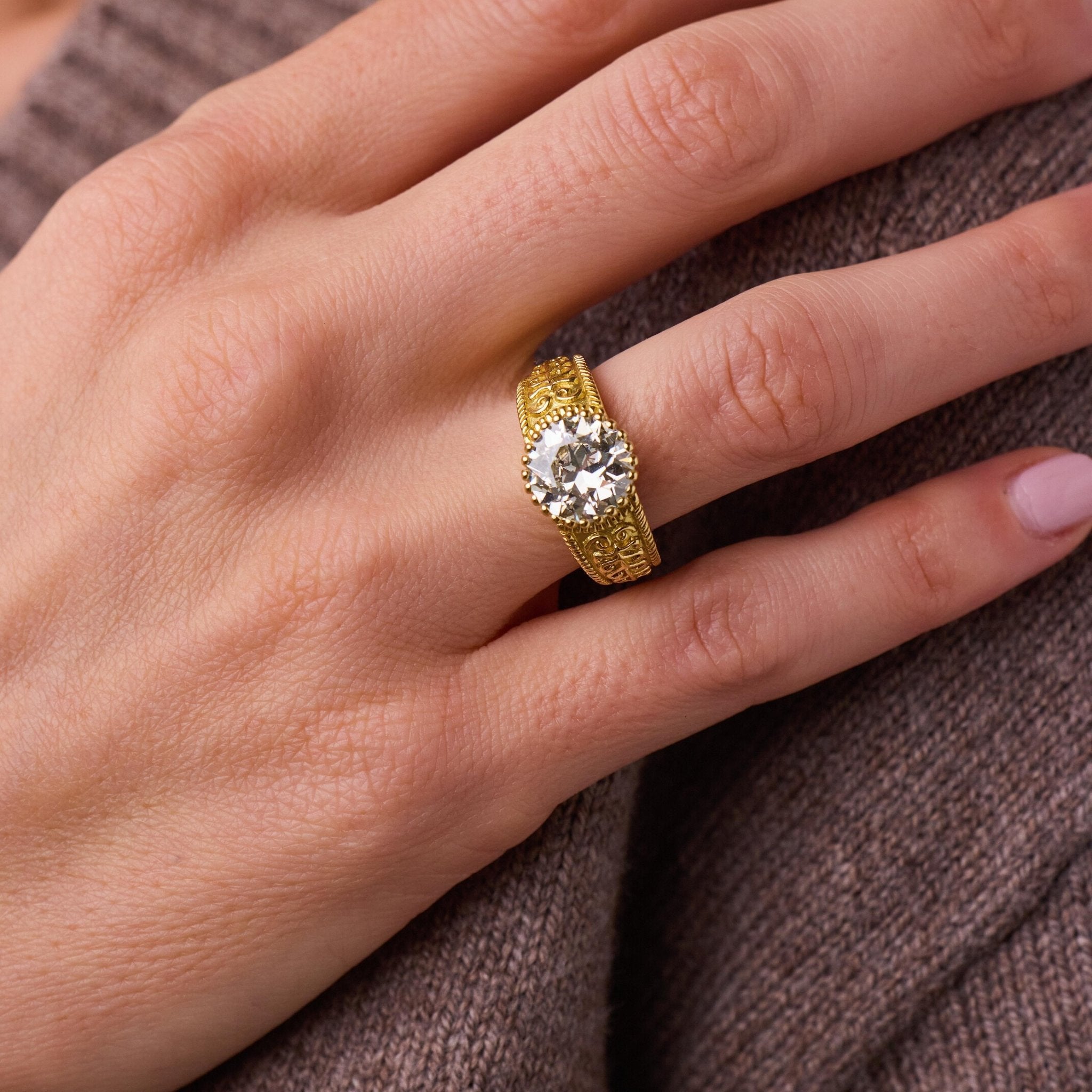 Mid Century GIA 3.41 carat old European cut diamond 18k yellow gold ring