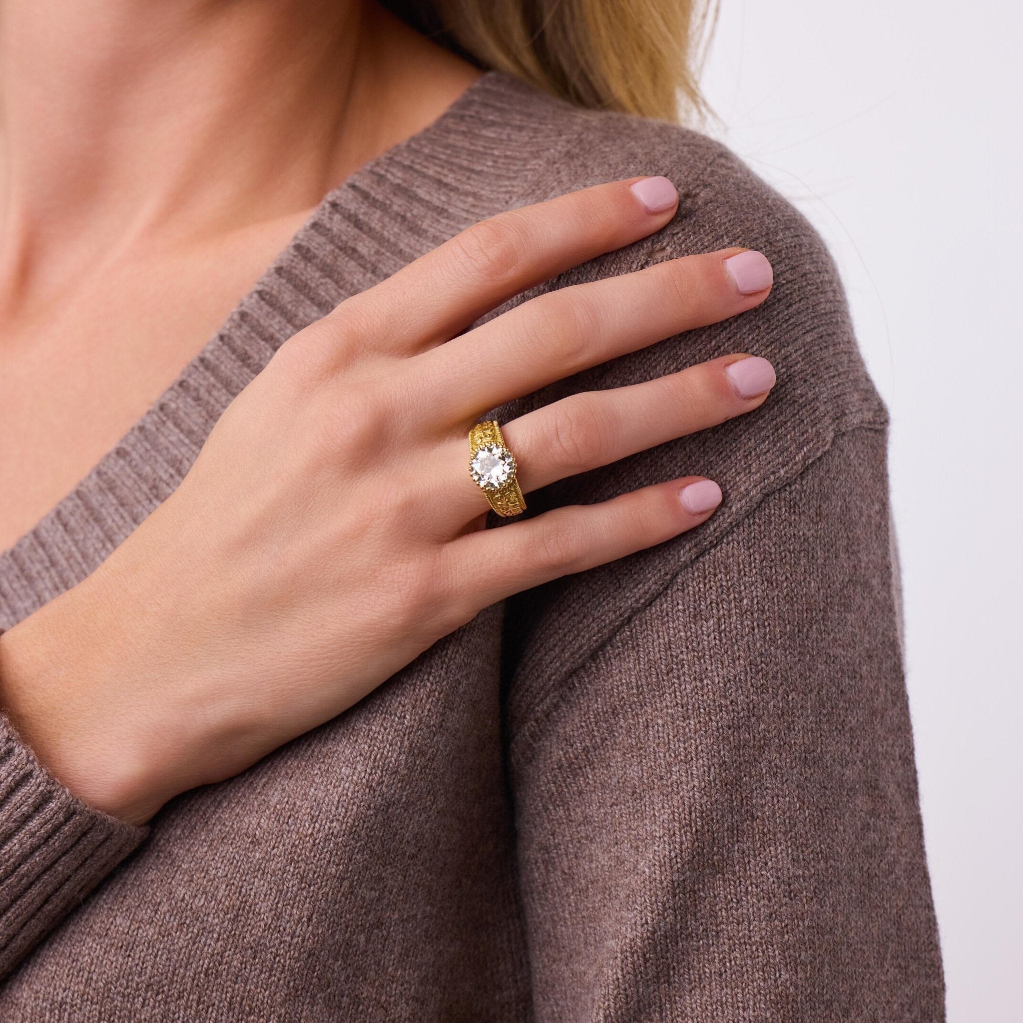 Mid Century GIA 3.41 carat old European cut diamond 18k yellow gold ring