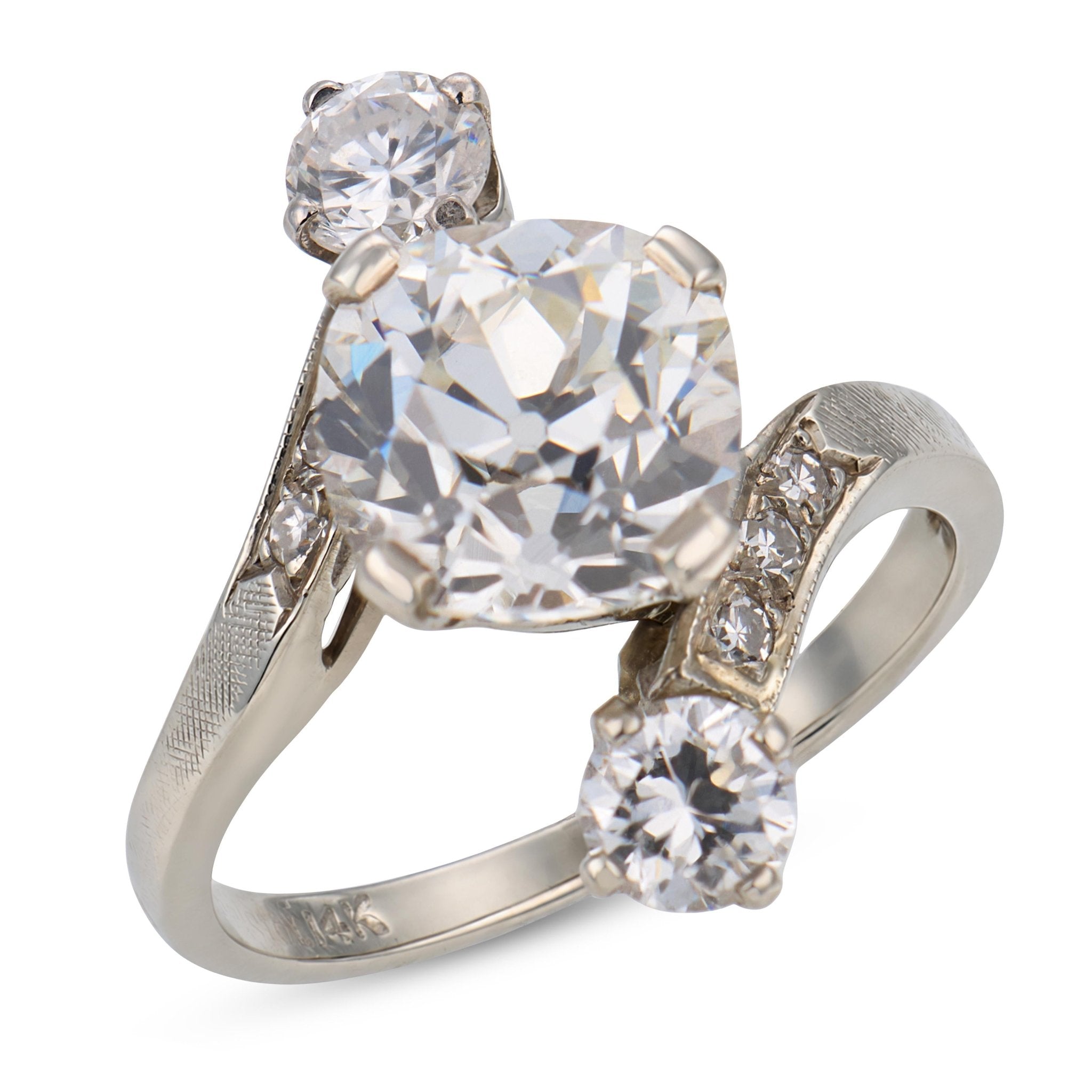 Mid Century GIA 2.25 carat old mine cut diamond 14k white gold ring
