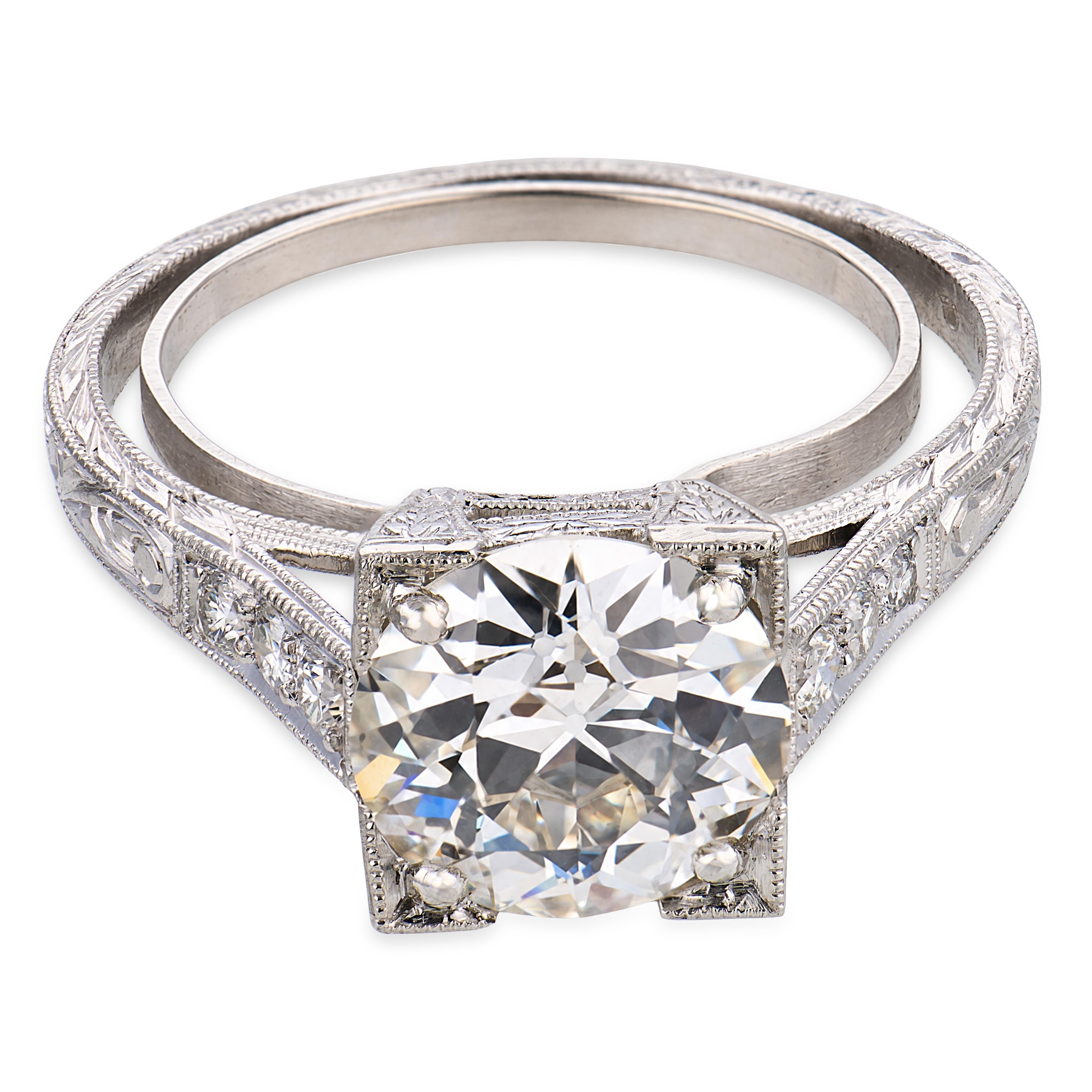 Art Deco GIA 2.40 carat old European cut diamond platinum engagement ring