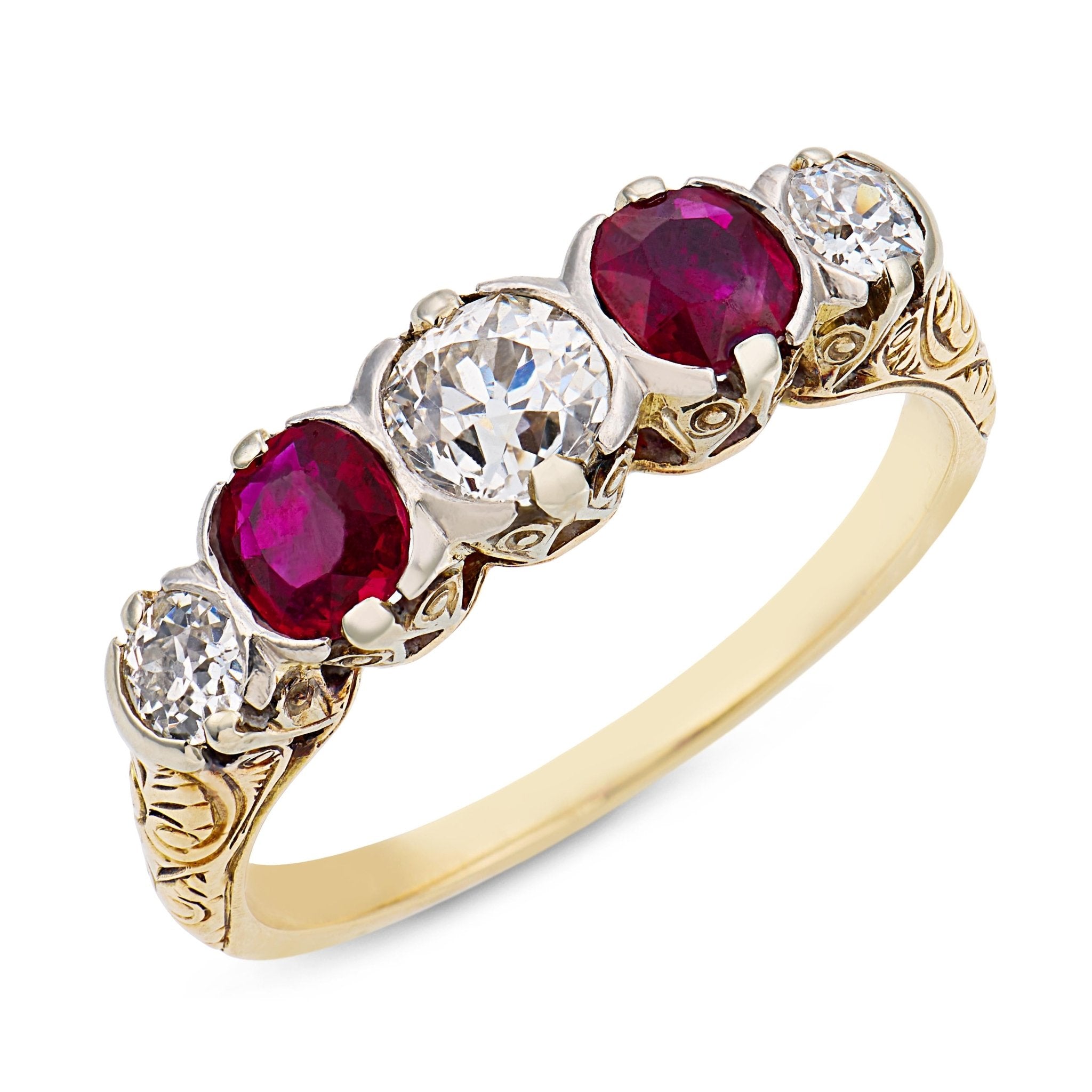 Victorian old European cut diamond ruby 14k yellow gold 5 stone band ring