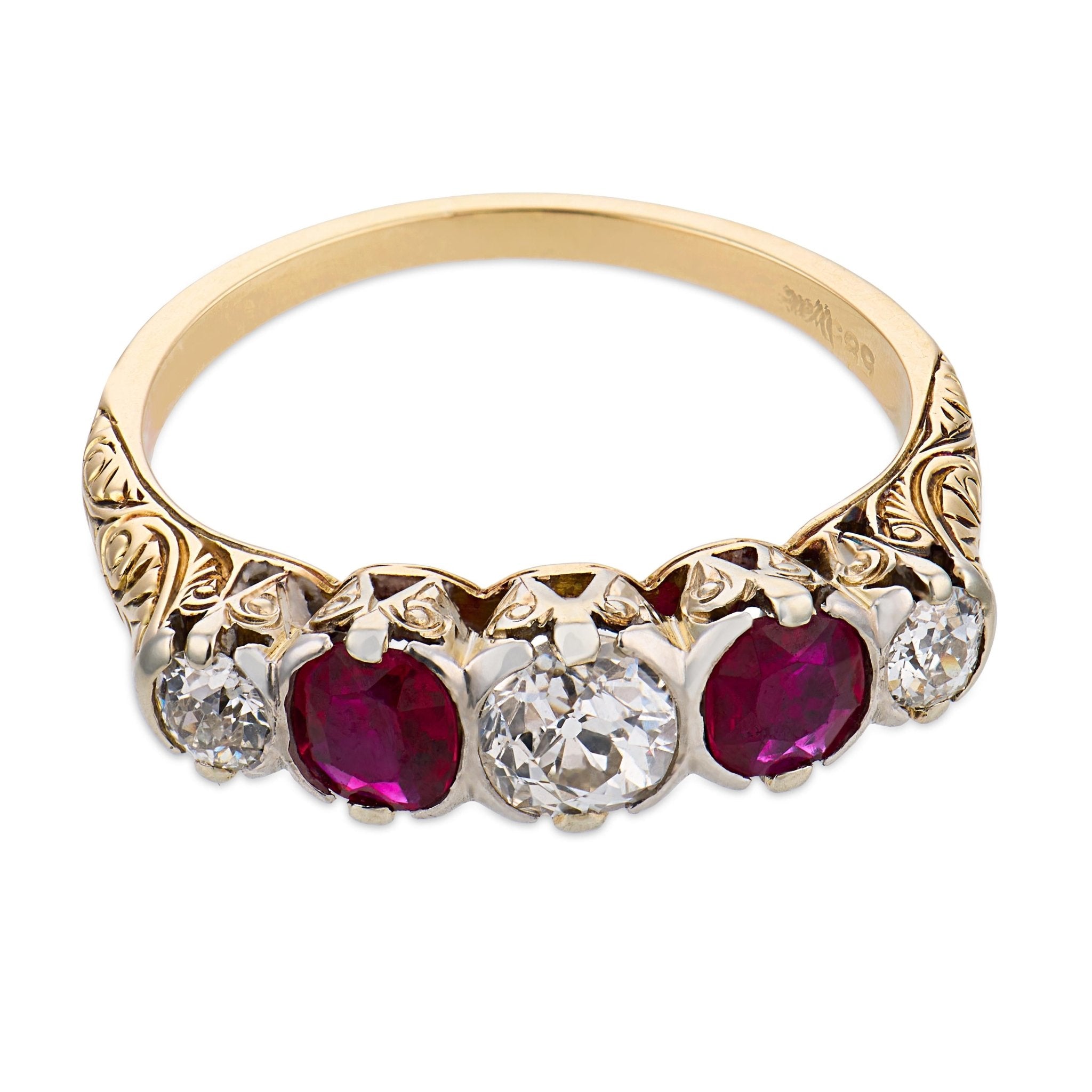 Victorian old European cut diamond ruby 14k yellow gold 5 stone band ring