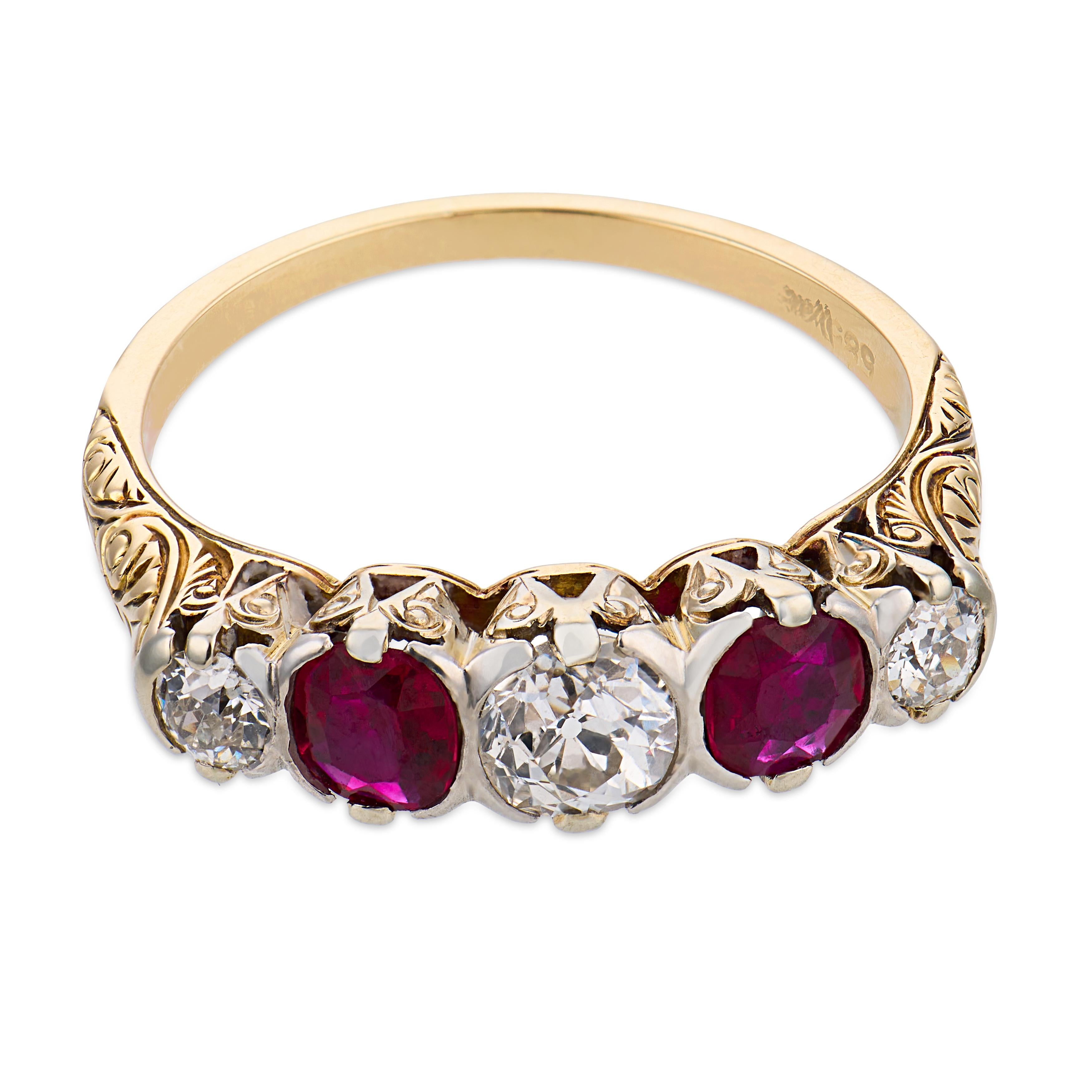 Victorian old European cut diamond ruby 14k yellow gold 5 stone band ring