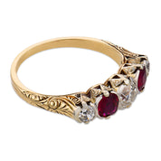 Victorian old European cut diamond ruby 14k yellow gold 5 stone band ring