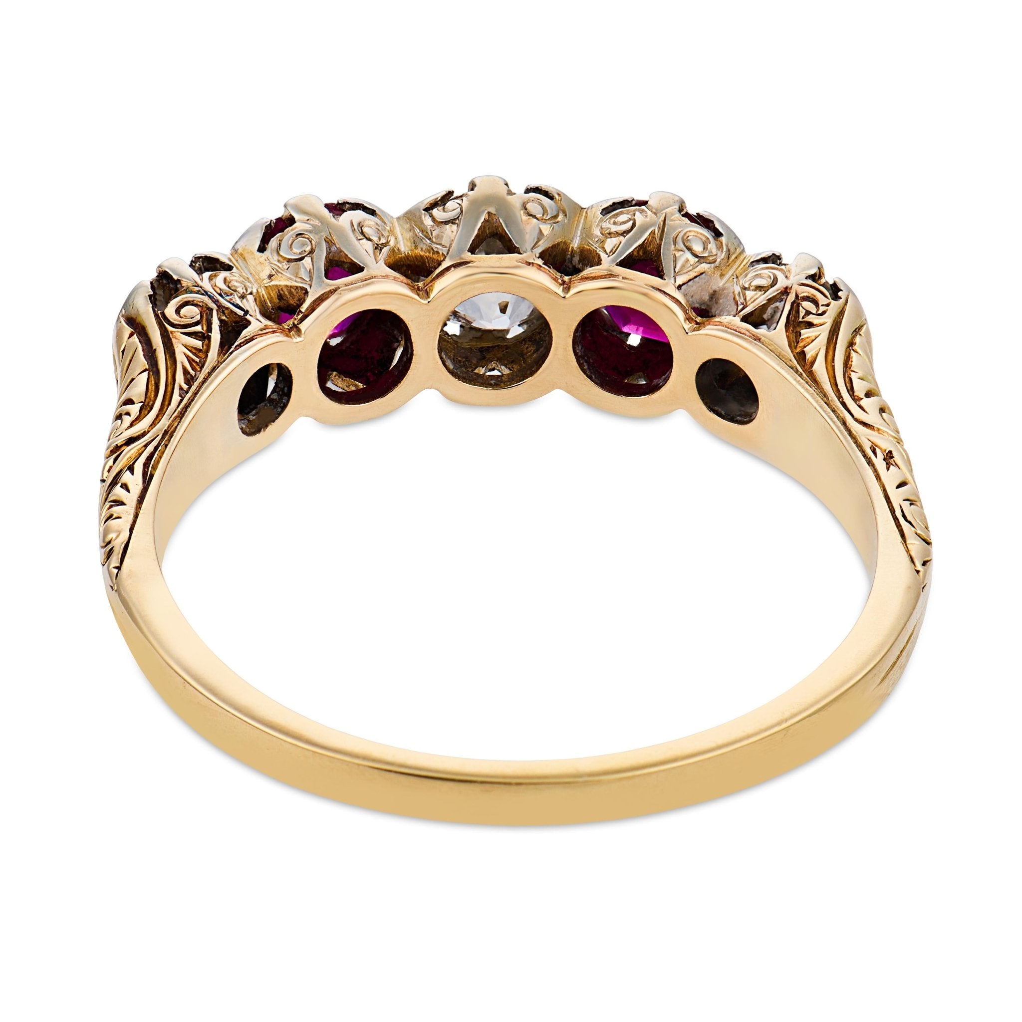 Victorian old European cut diamond ruby 14k yellow gold 5 stone band ring