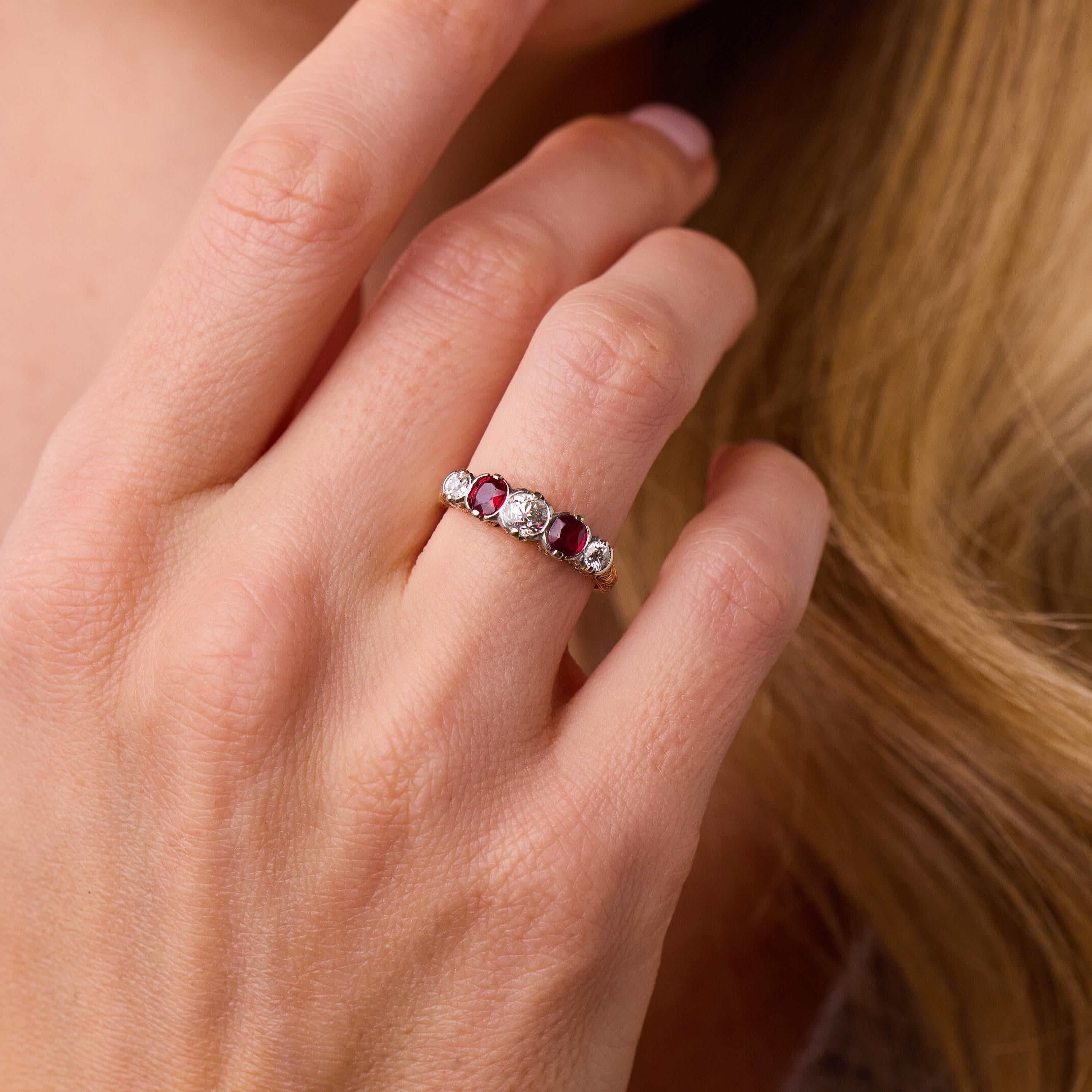 Victorian old European cut diamond ruby 14k yellow gold 5 stone band ring
