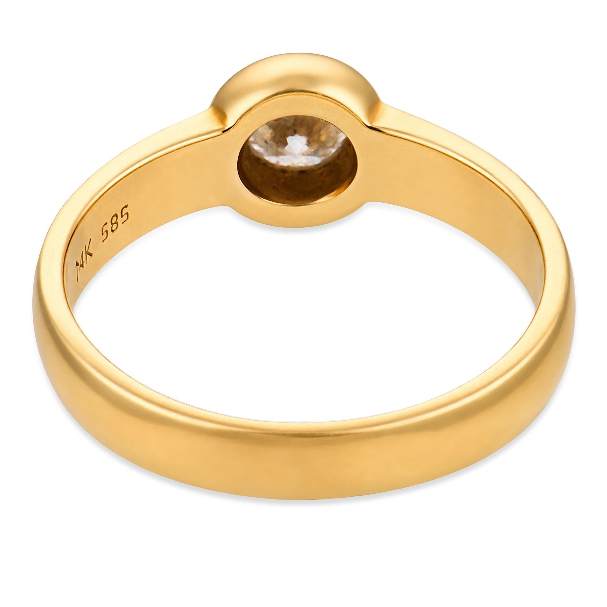Vintage round brilliant cut diamond 14k yellow gold bezel set ring