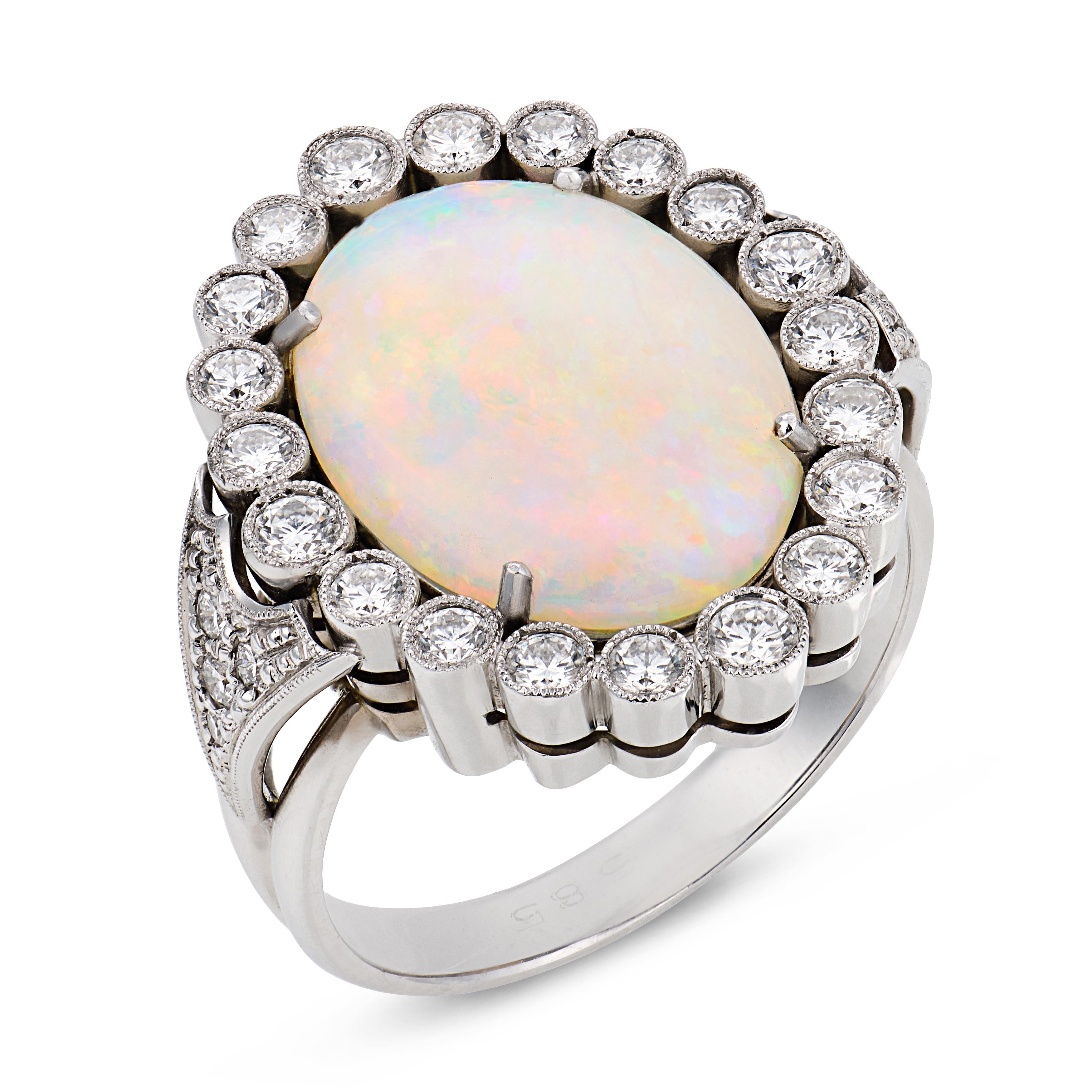 Vintage opal diamond 14k white gold cluster ring