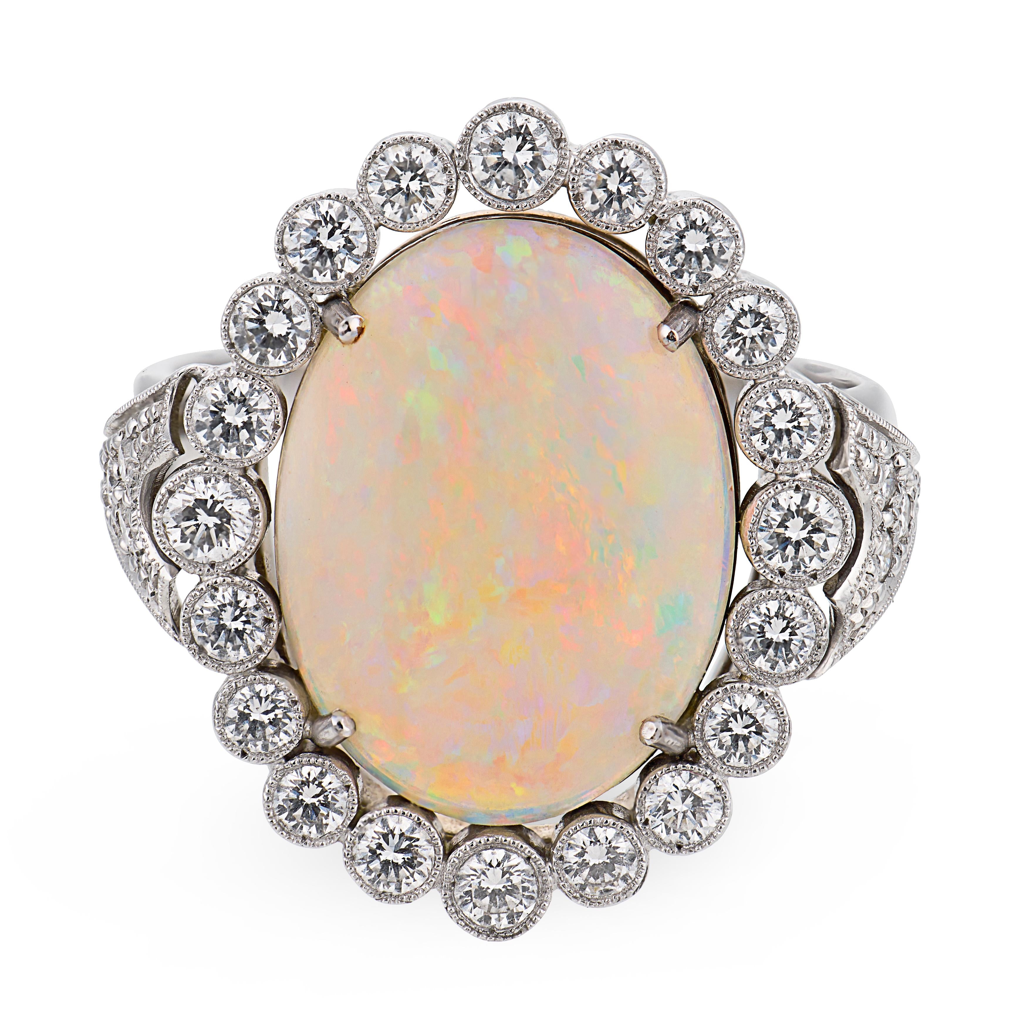 Vintage opal diamond 14k white gold cluster ring