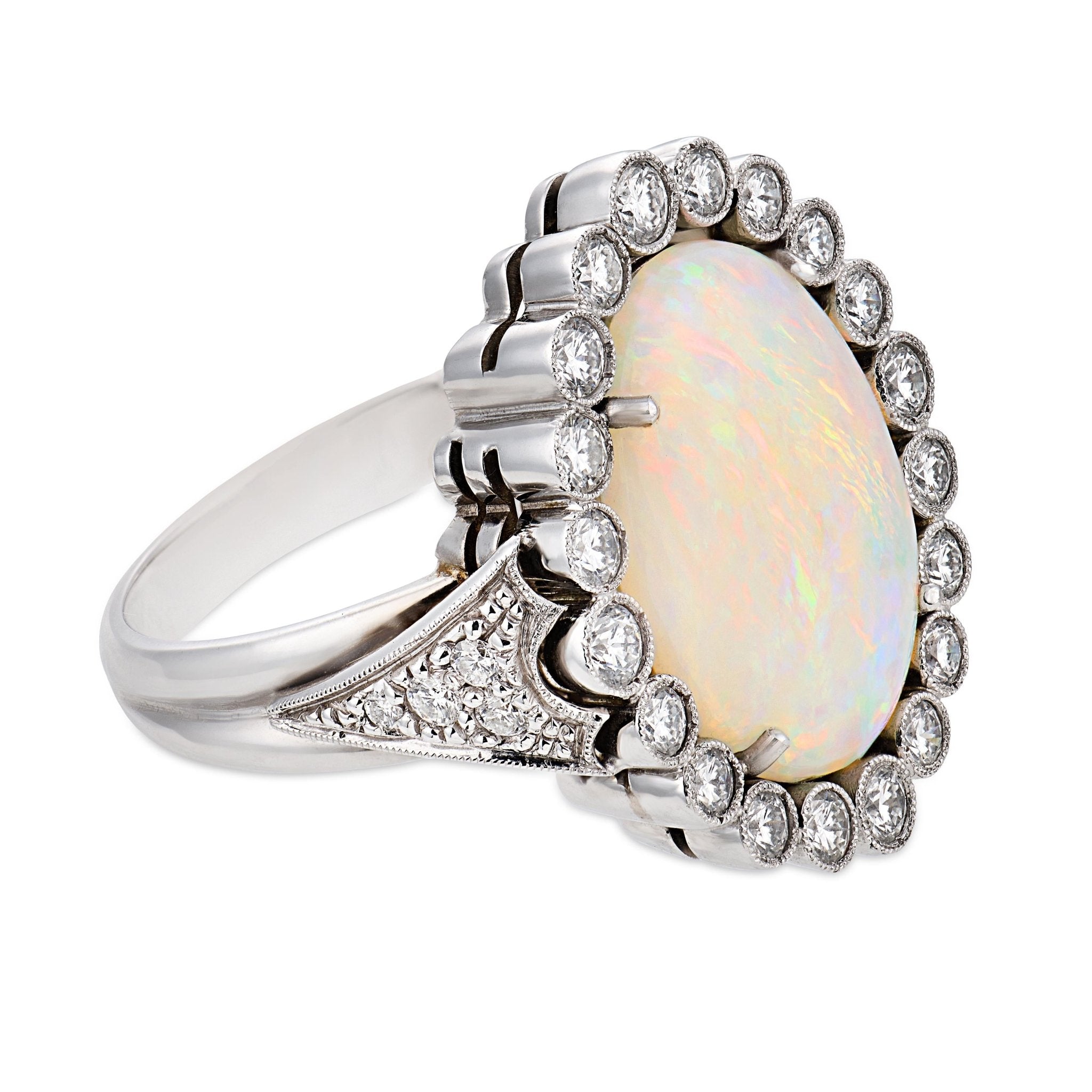 Vintage opal diamond 14k white gold cluster ring