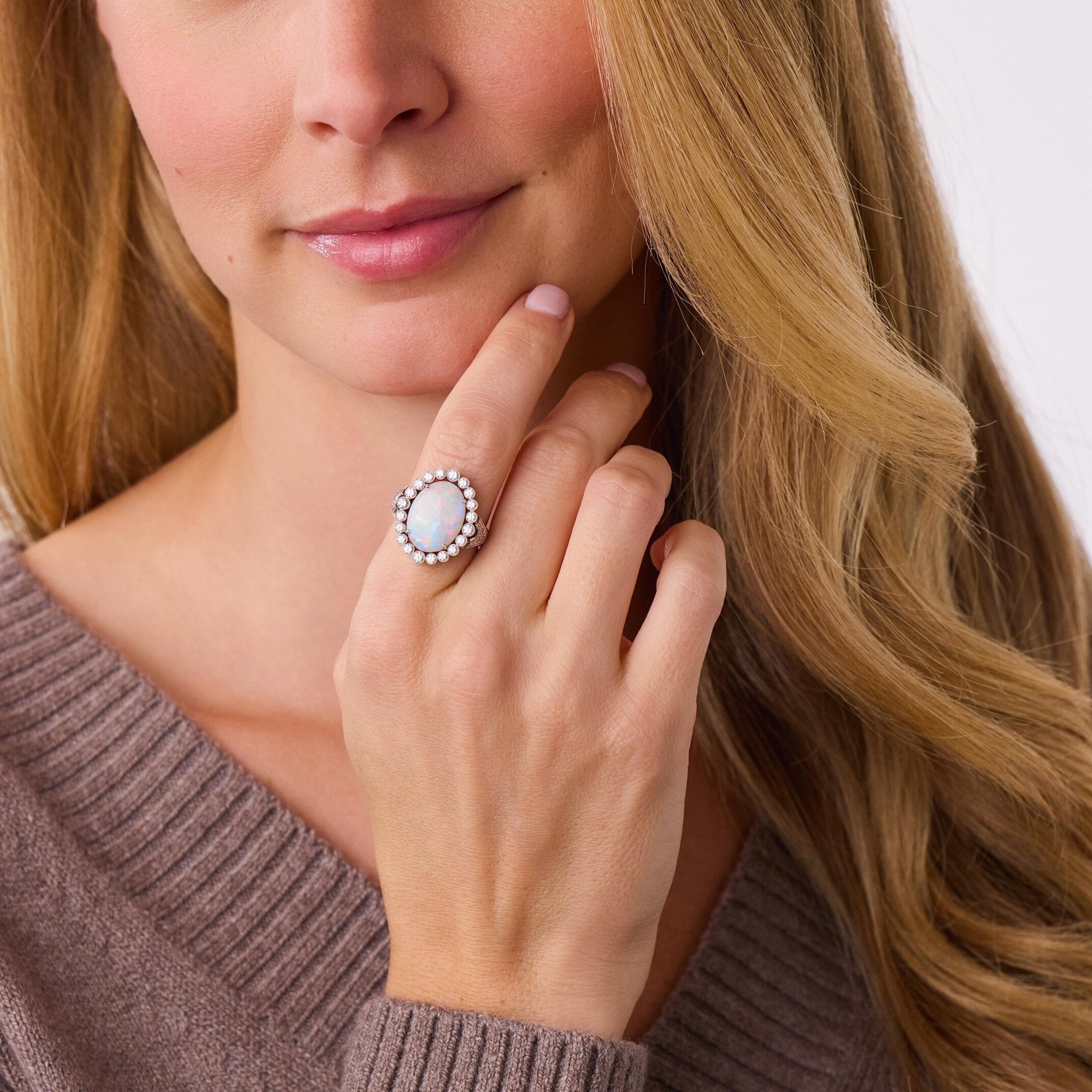 Vintage opal diamond 14k white gold cluster ring
