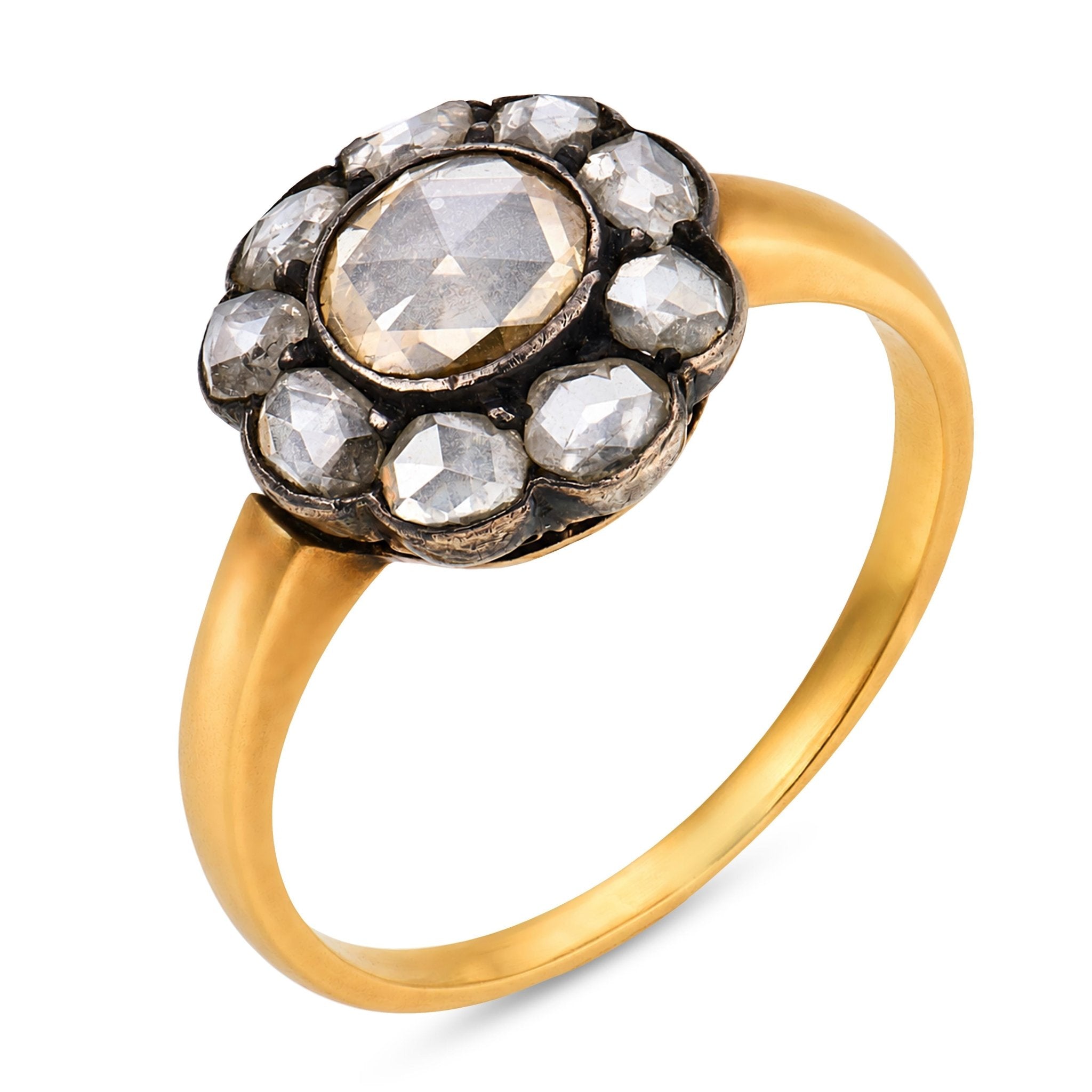 Victorian 1.40 carat rose cut diamond 16k yellow gold and silver cluster ring