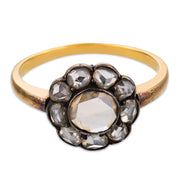 Victorian 1.40 carat rose cut diamond 16k yellow gold and silver cluster ring