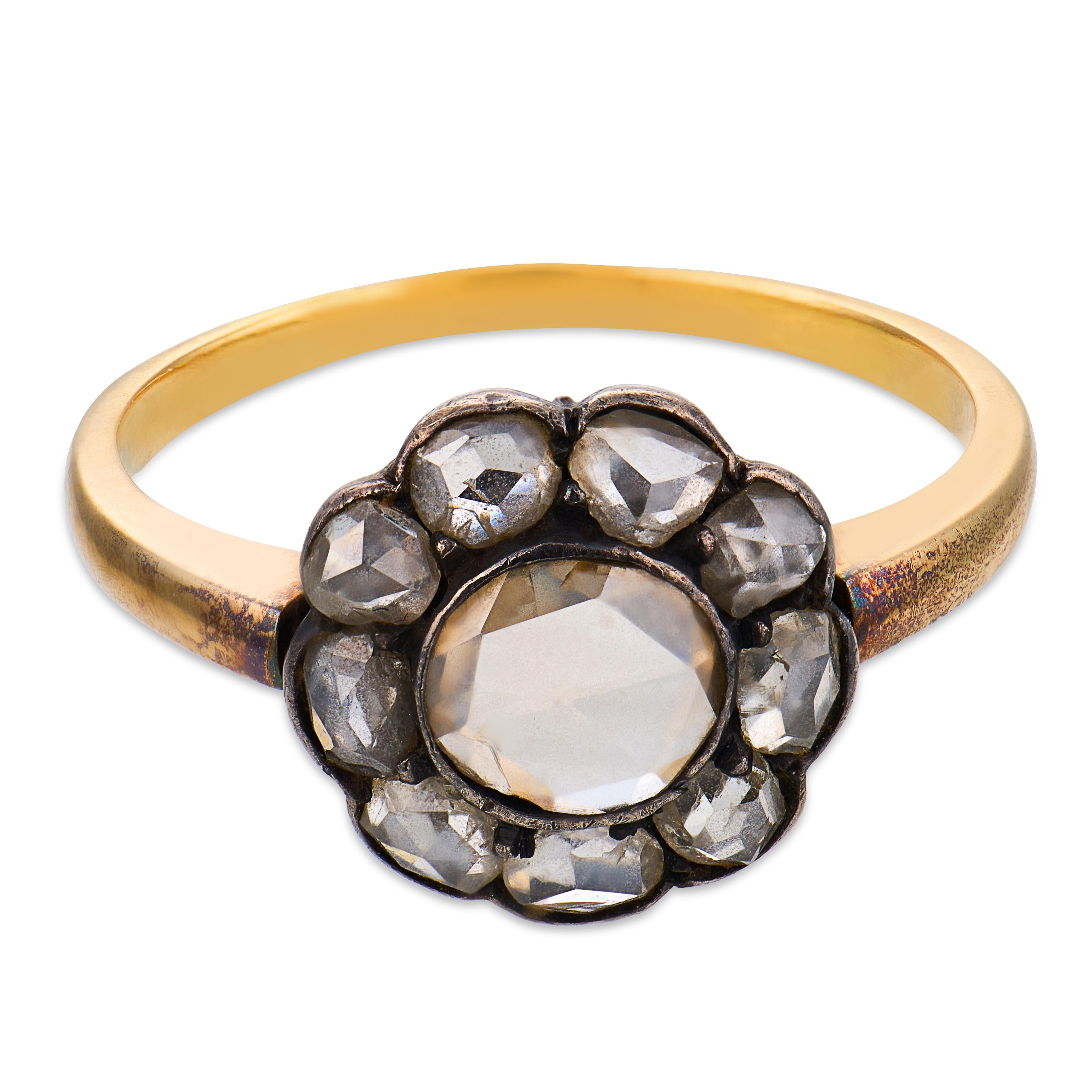 Victorian 1.40 carat rose cut diamond 16k yellow gold and silver cluster ring
