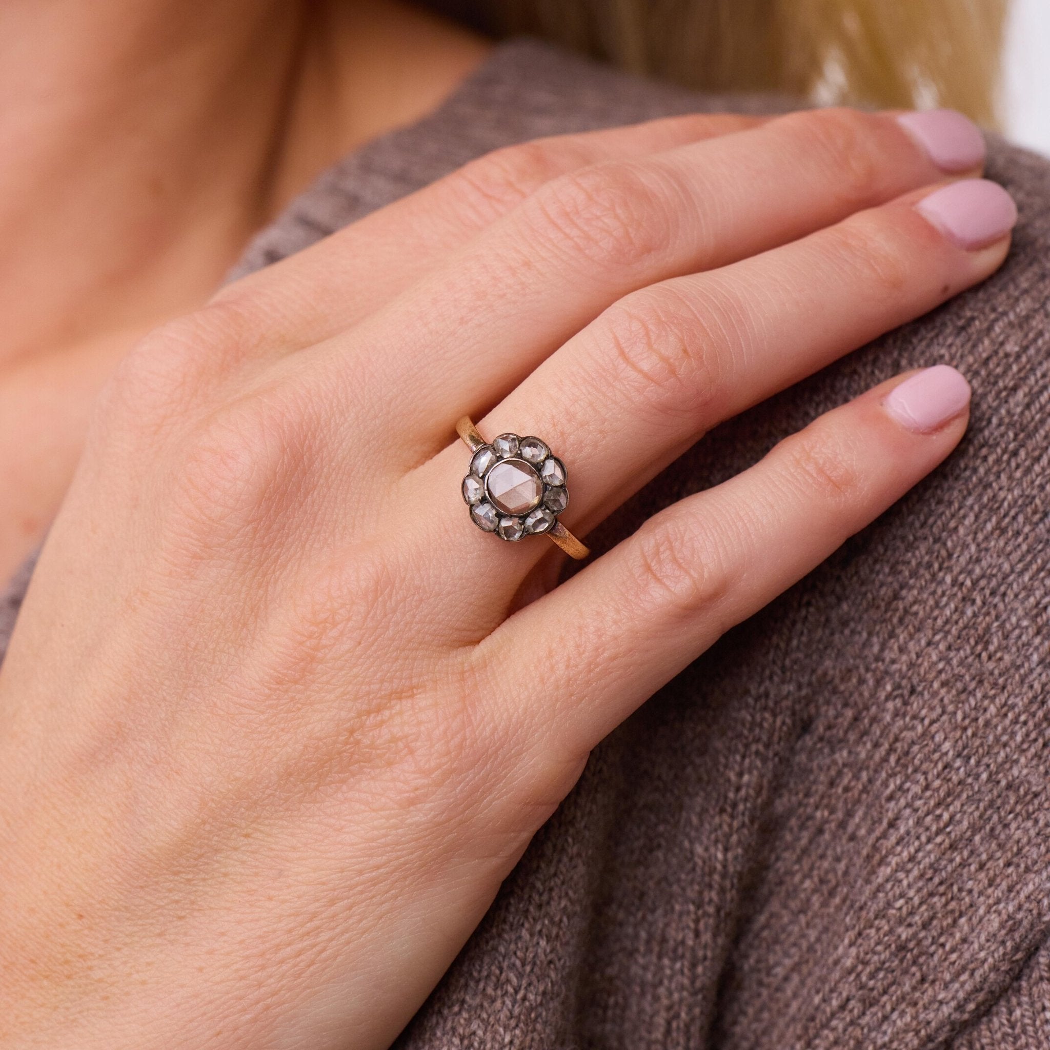 Victorian 1.40 carat rose cut diamond 16k yellow gold and silver cluster ring