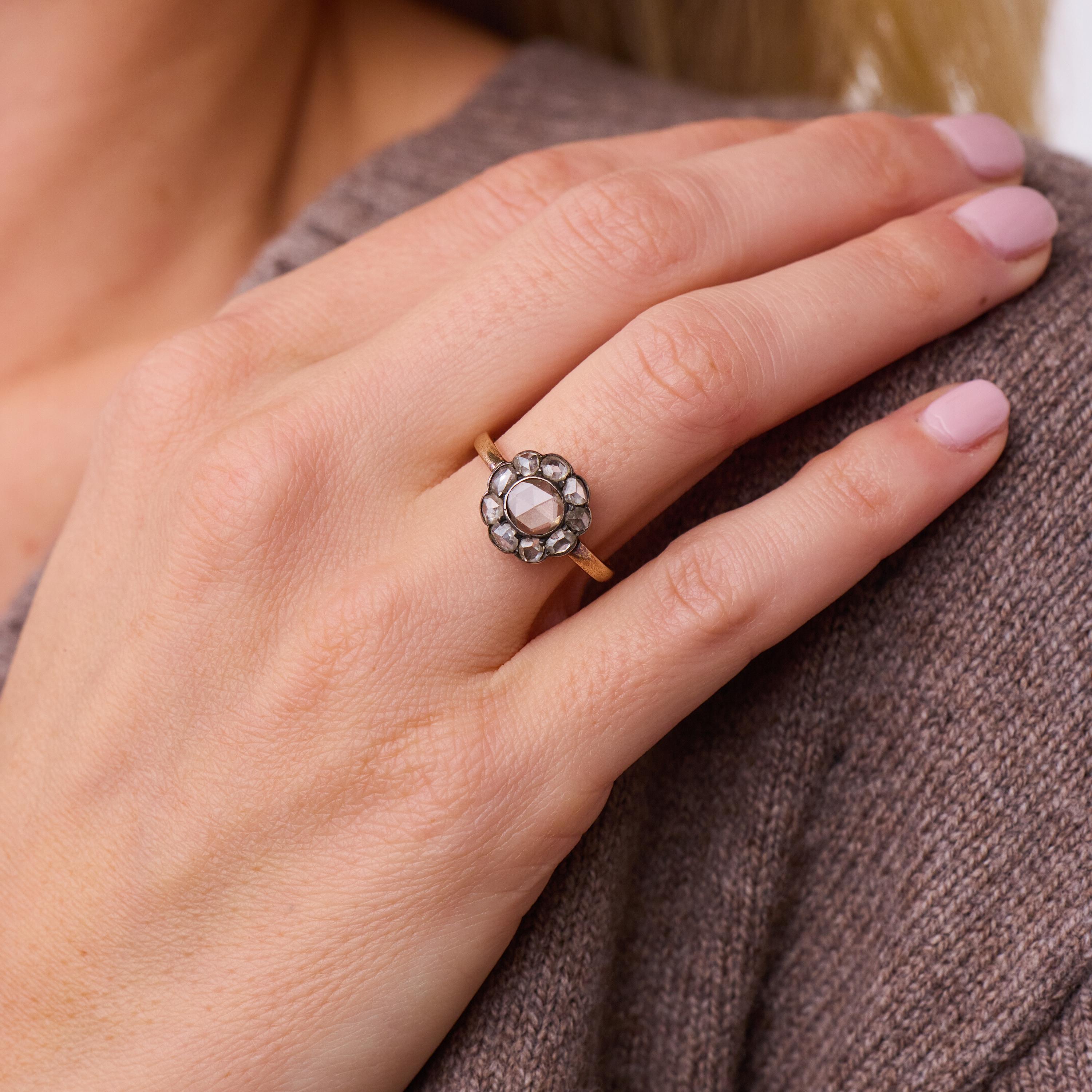 Victorian 1.40 carat rose cut diamond 16k yellow gold and silver cluster ring
