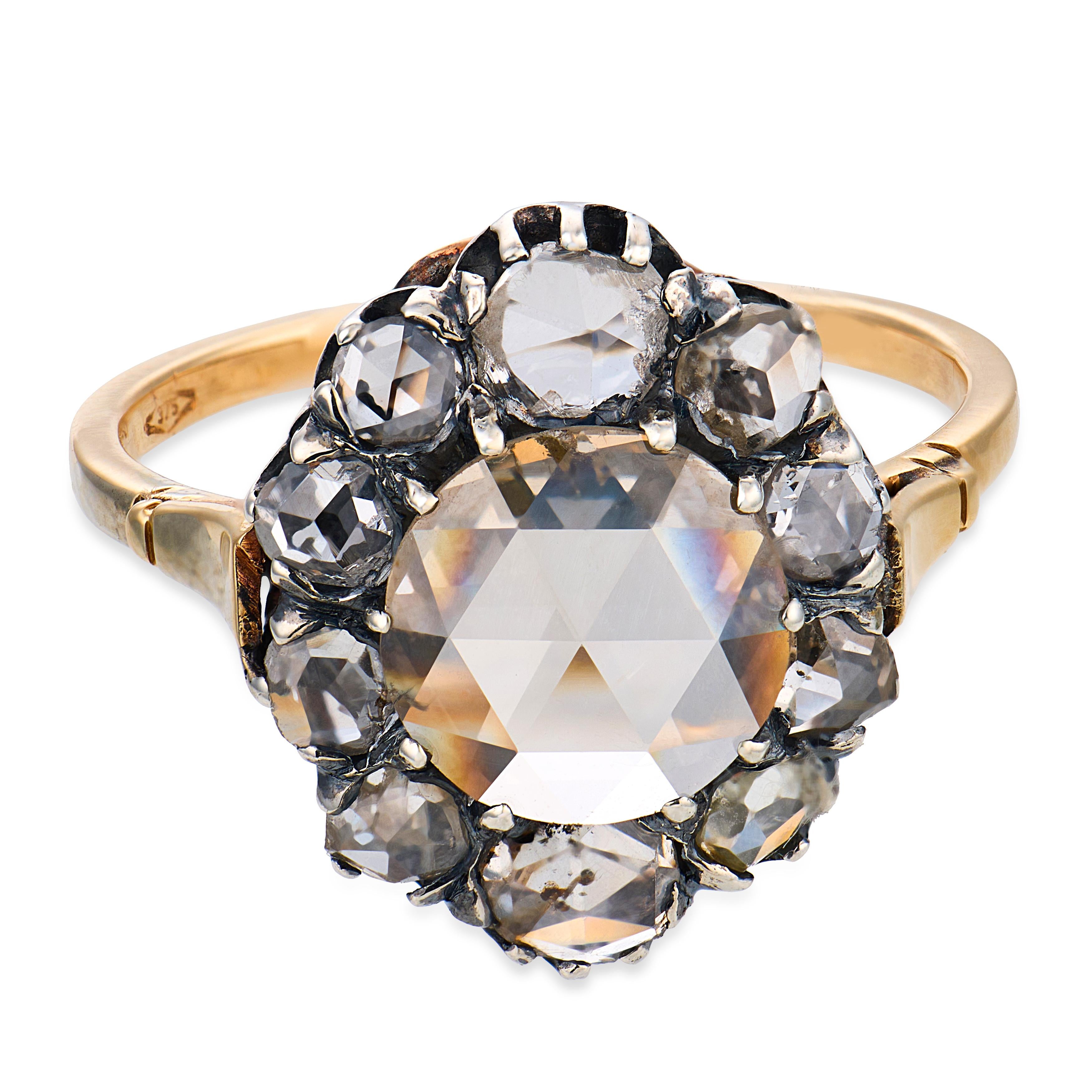 Victorian rose cut diamond 9k yellow gold and silver cluster ring