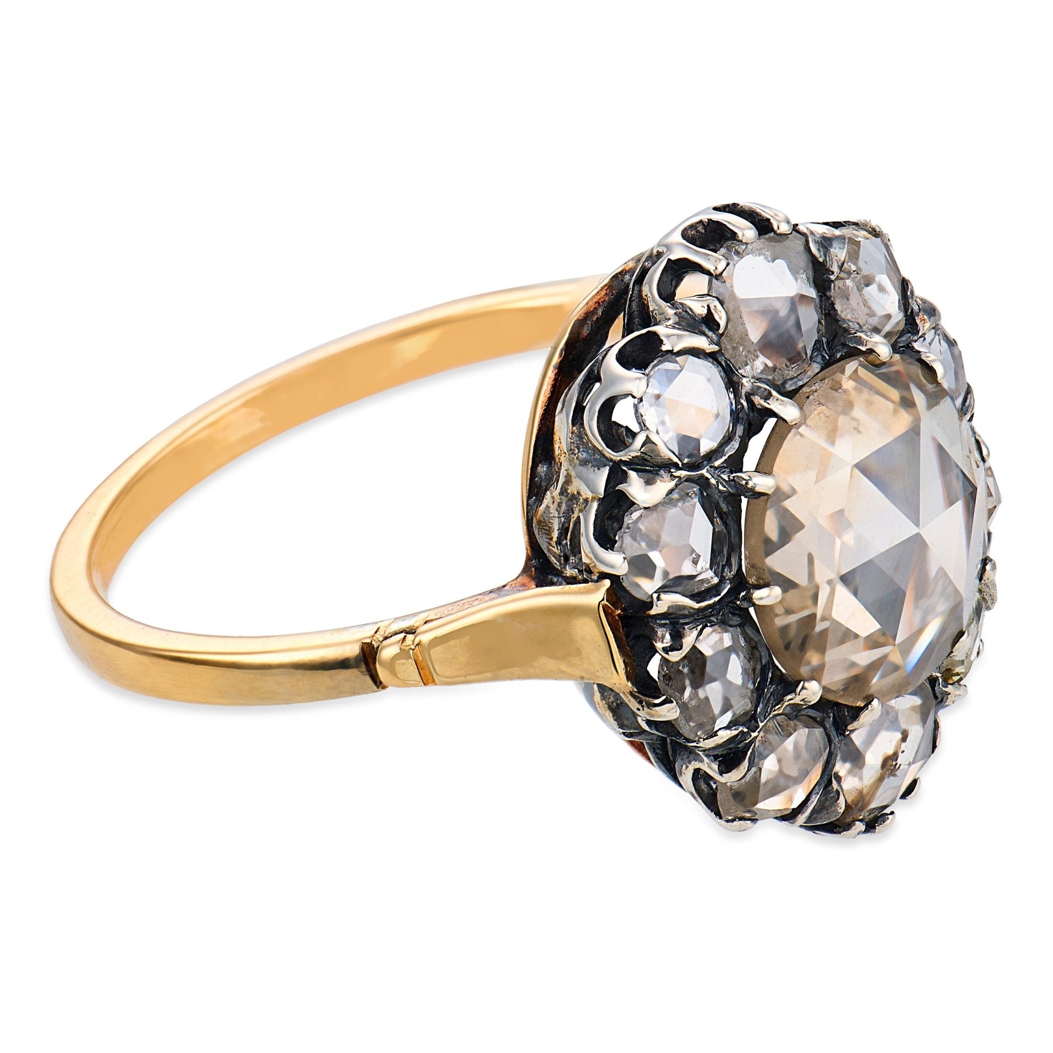 Victorian rose cut diamond 9k yellow gold and silver cluster ring