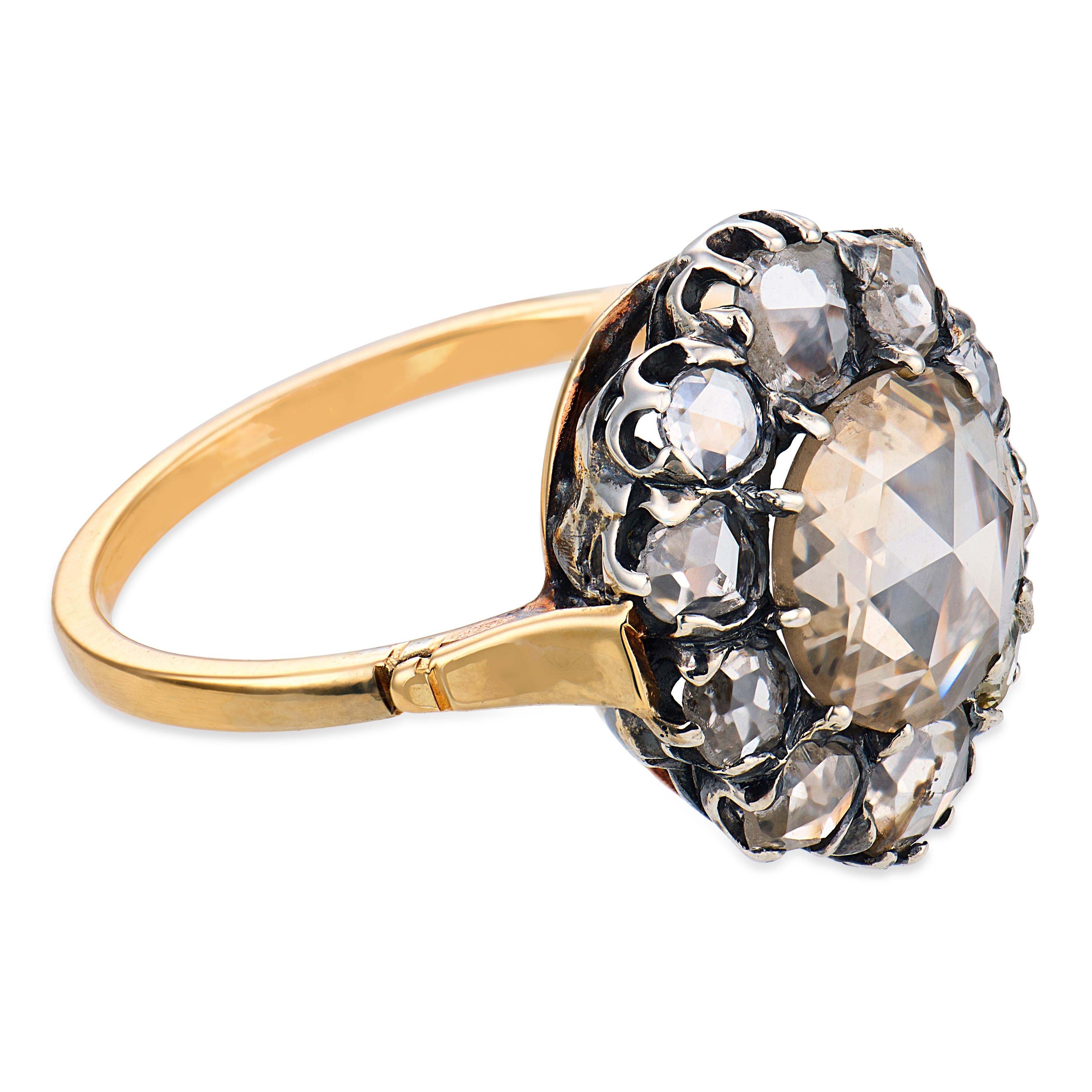Victorian rose cut diamond 9k yellow gold and silver cluster ring