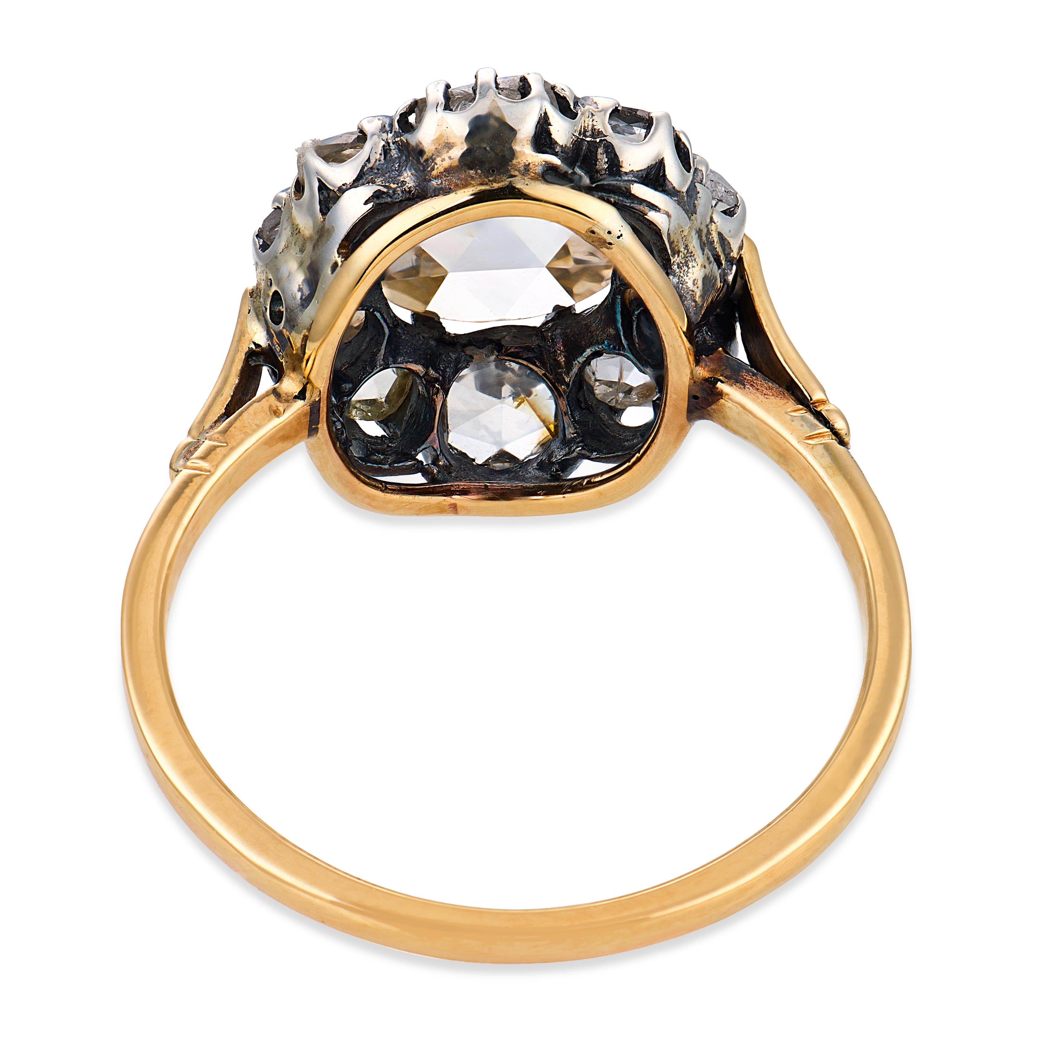 Victorian rose cut diamond 9k yellow gold and silver cluster ring