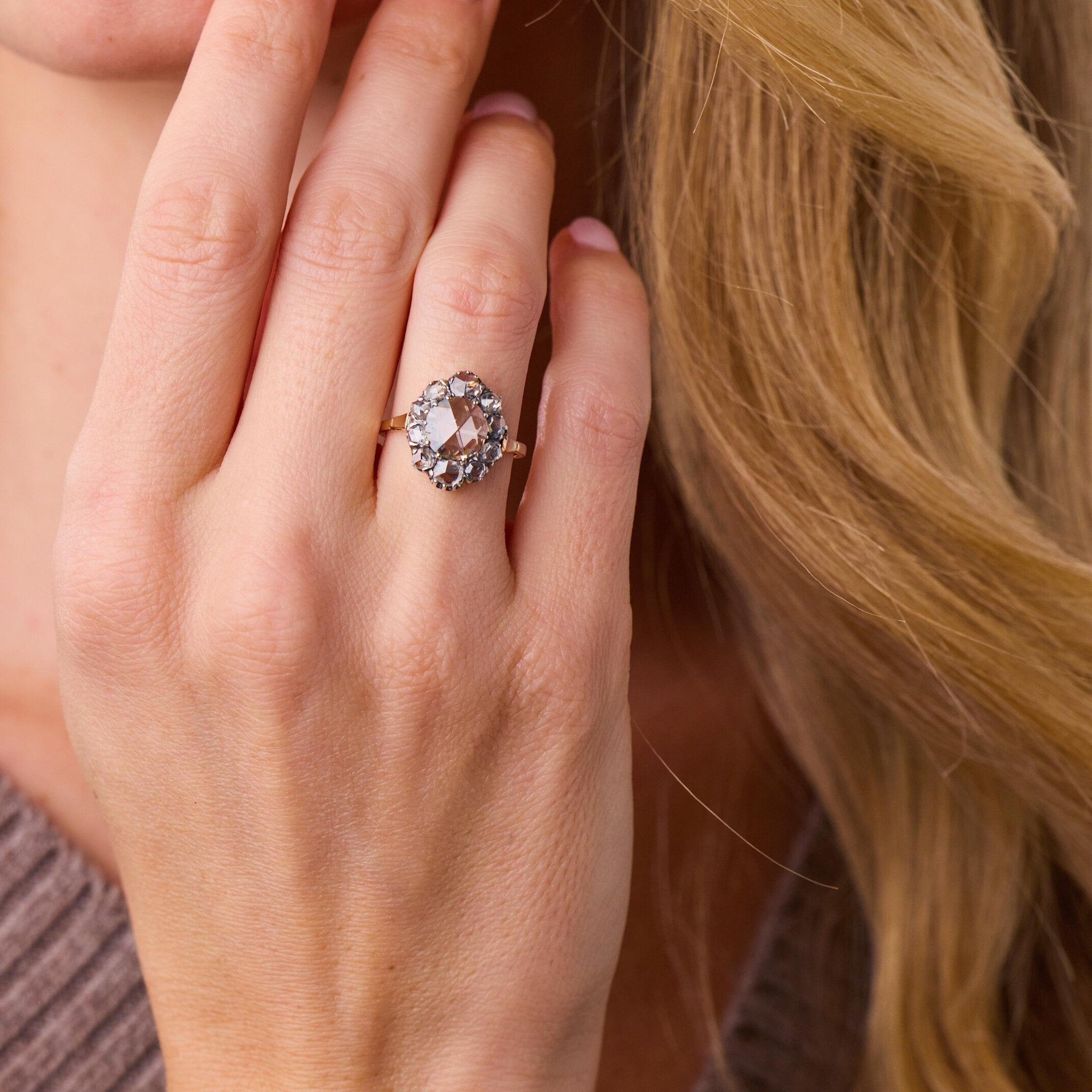 Victorian rose cut diamond 9k yellow gold and silver cluster ring