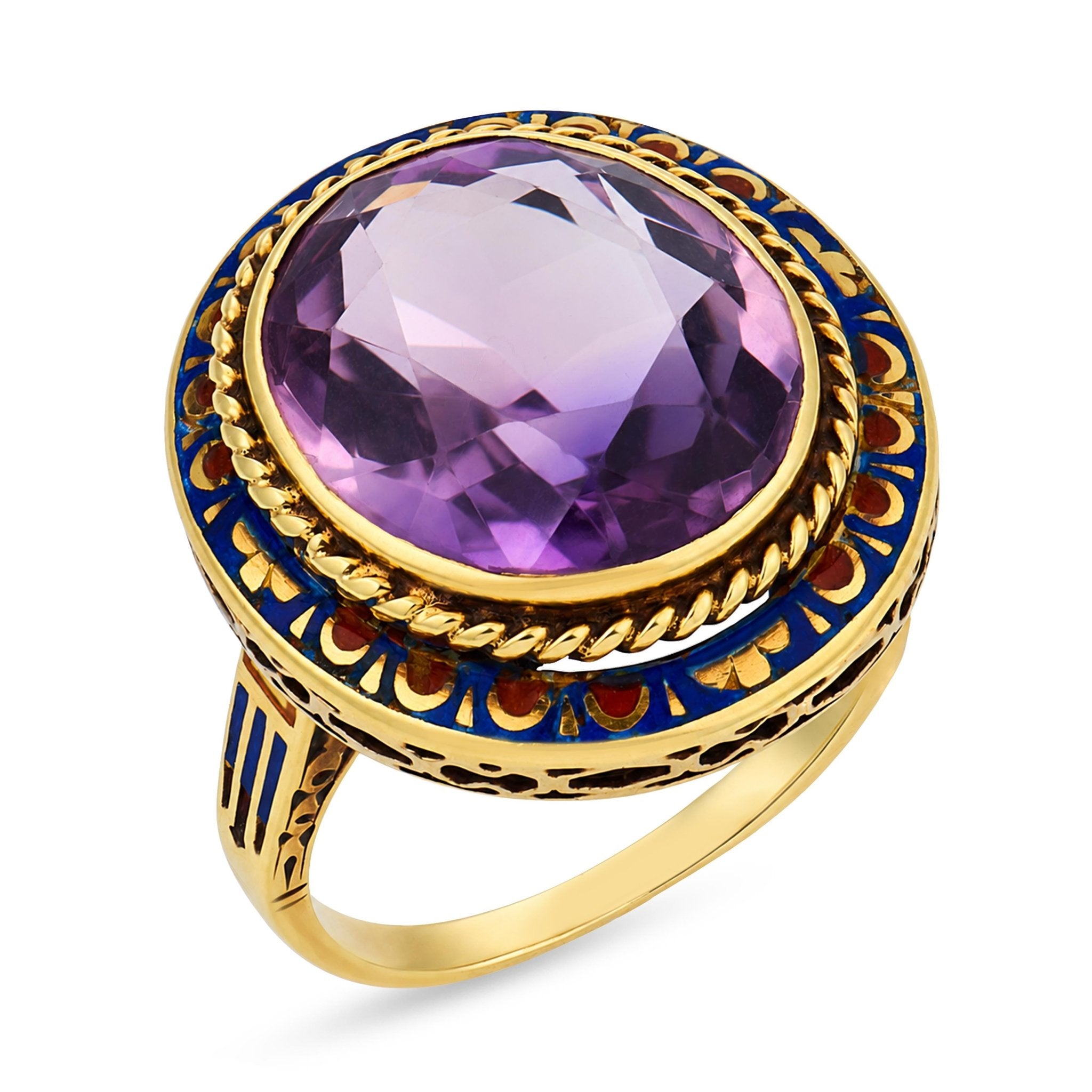 Art Deco 5.80 carat amethyst 14k yellow gold enamel ring
