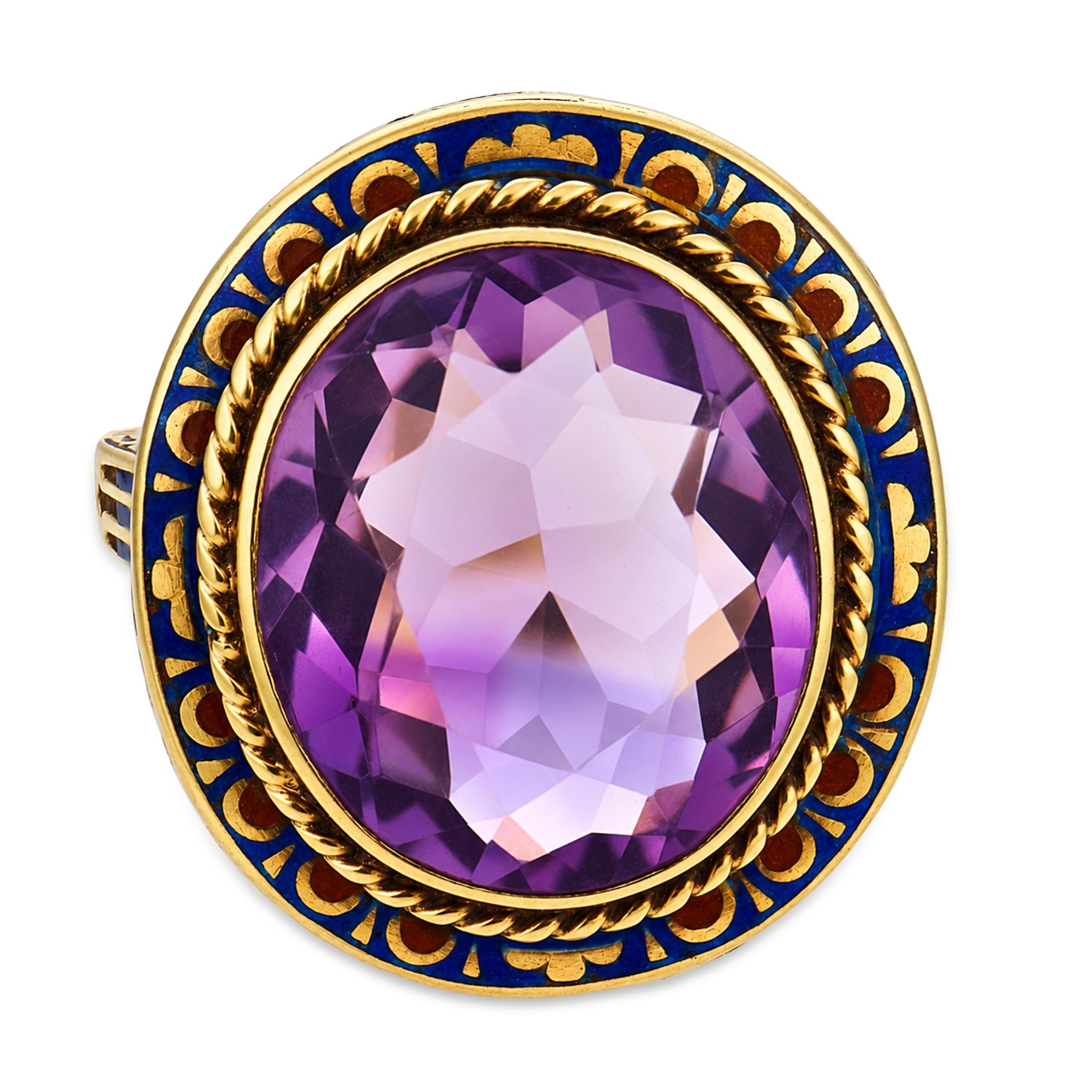 Art Deco 5.80 carat amethyst 14k yellow gold enamel ring
