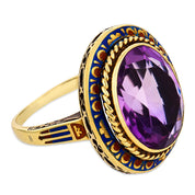 Art Deco 5.80 carat amethyst 14k yellow gold enamel ring