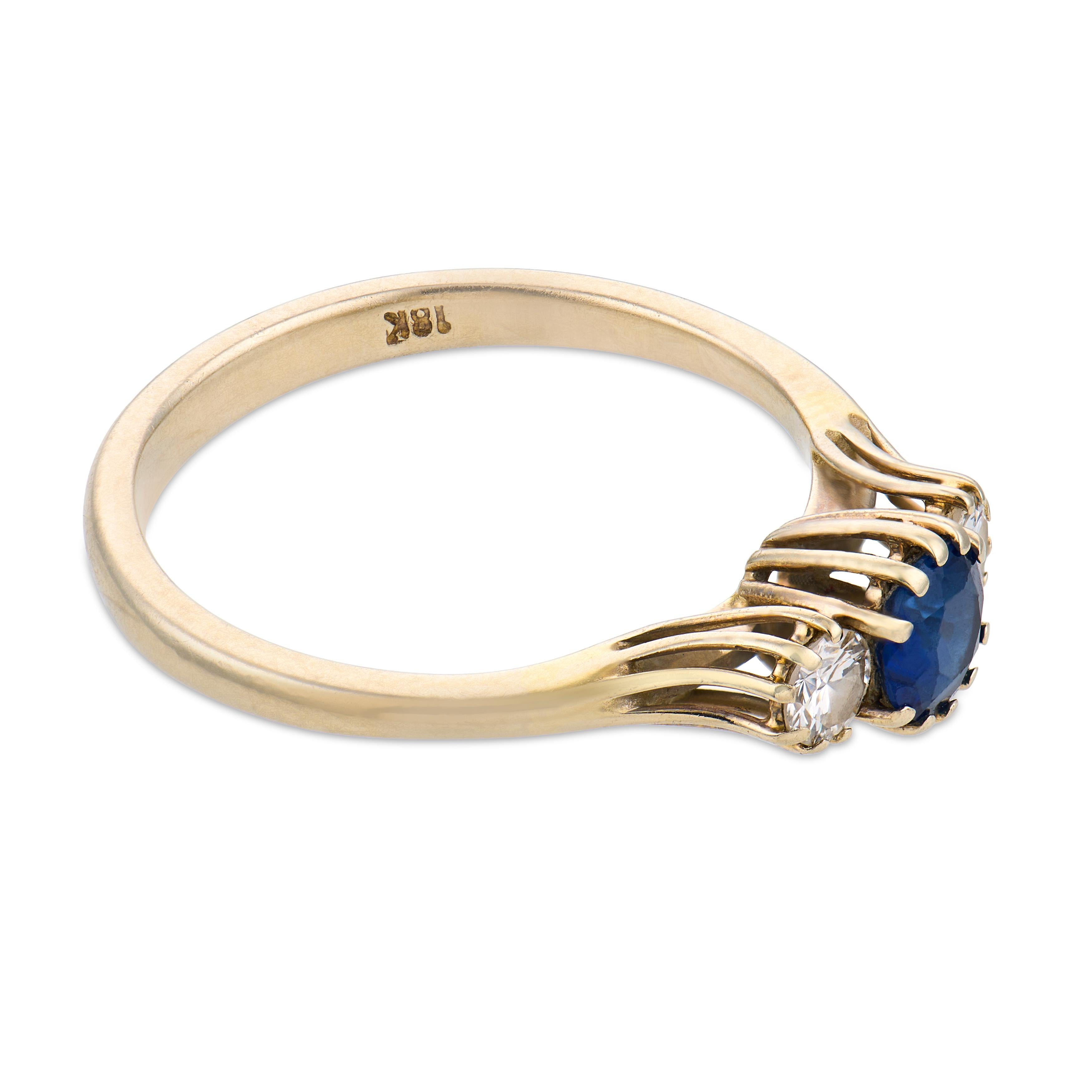 Italian mid-century sapphire diamond 18k gold three stone ring