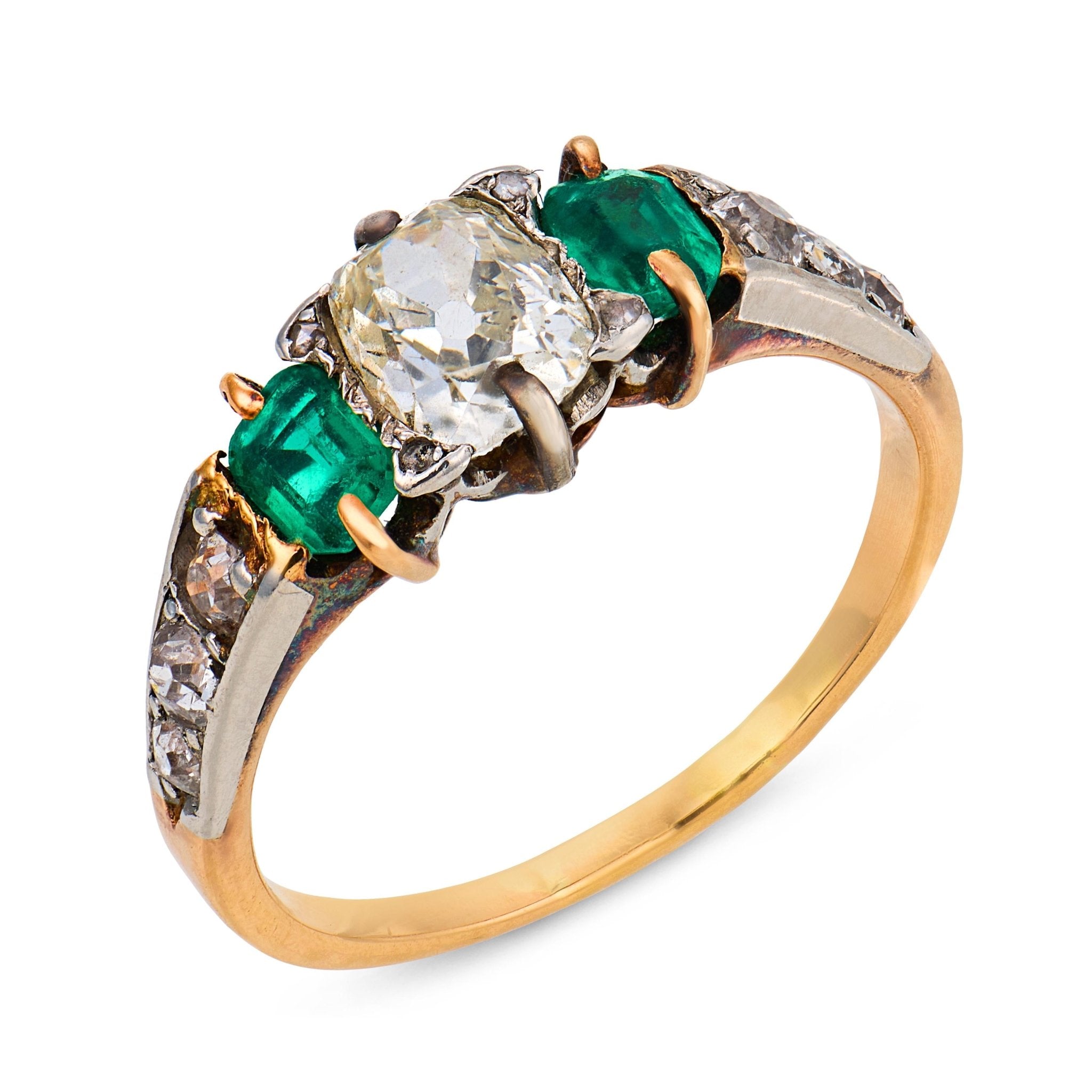 French Belle Époque diamond emerald 18k yellow gold and platinum ring