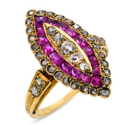 Victorian ruby diamond 18k yellow gold navette ring