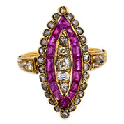 Victorian ruby diamond 18k yellow gold navette ring