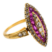 Victorian ruby diamond 18k yellow gold navette ring