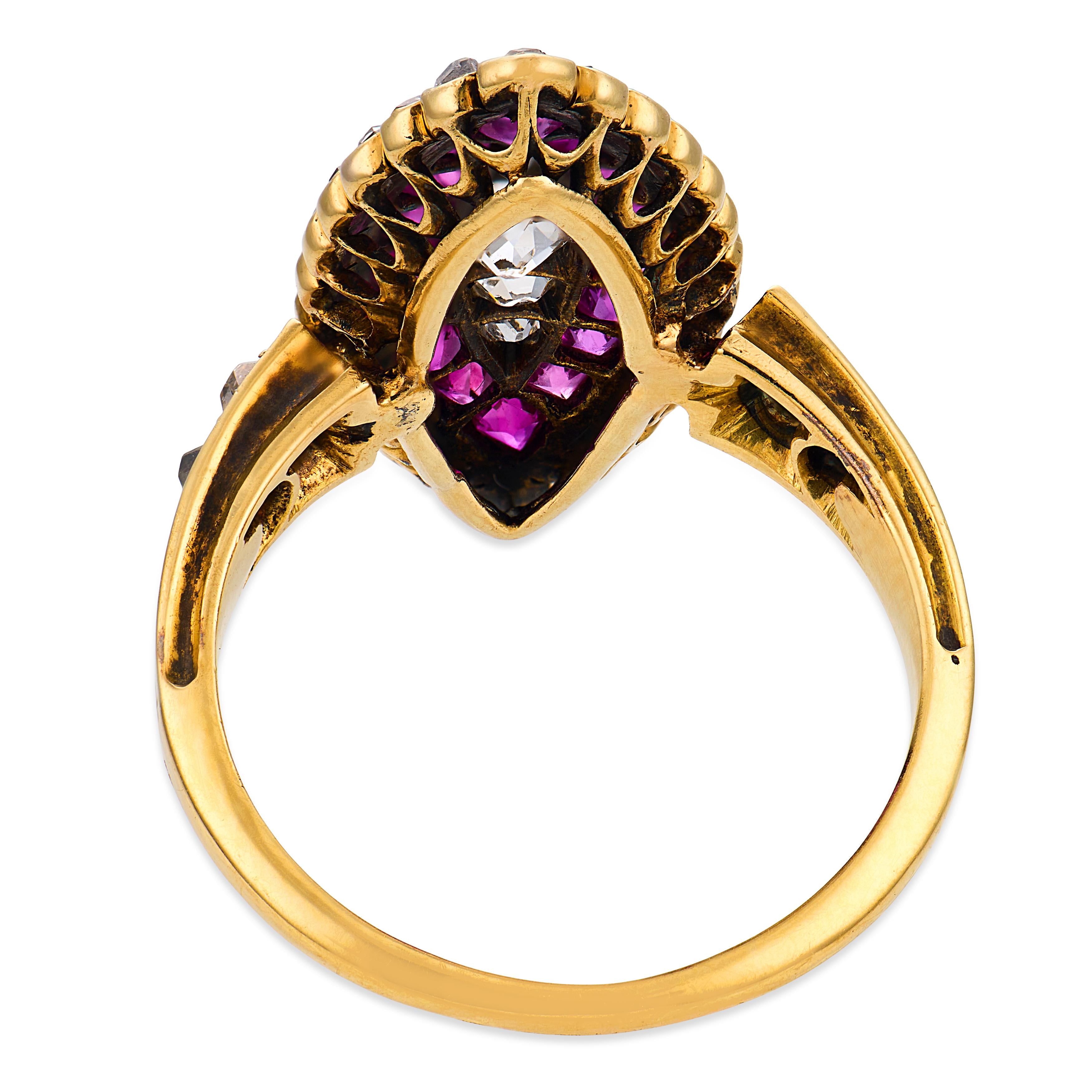 Victorian ruby diamond 18k yellow gold navette ring