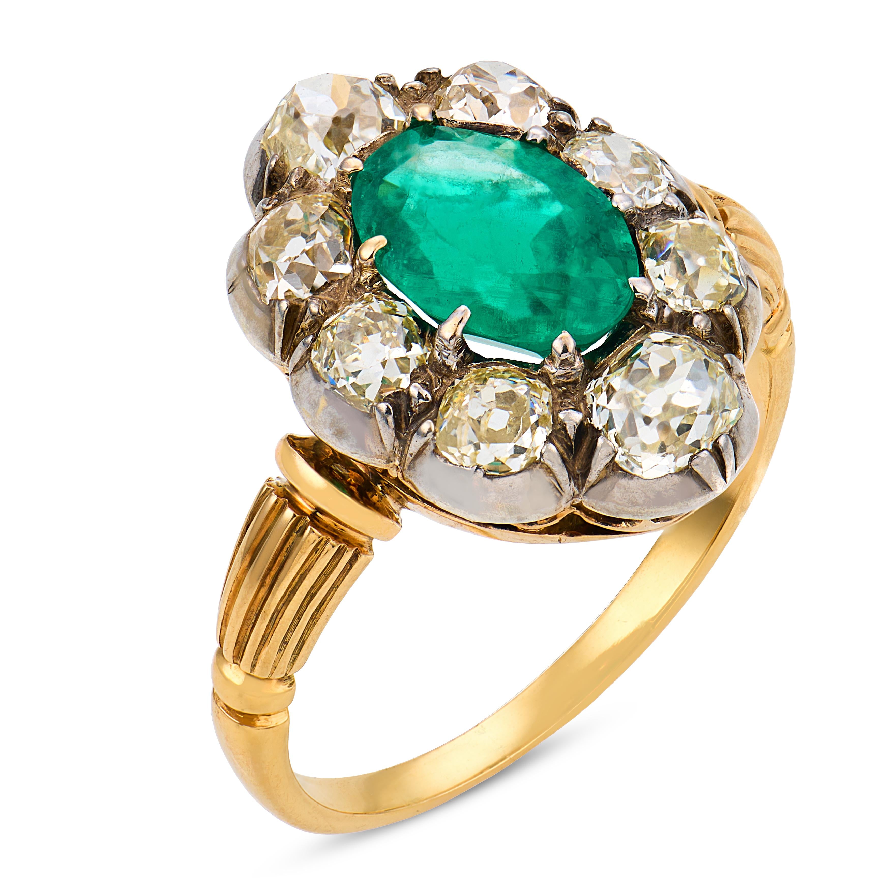 Victorian emerald diamond 18k yellow gold silver top cluster ring