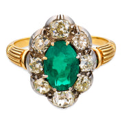 Victorian emerald diamond 18k yellow gold silver top cluster ring