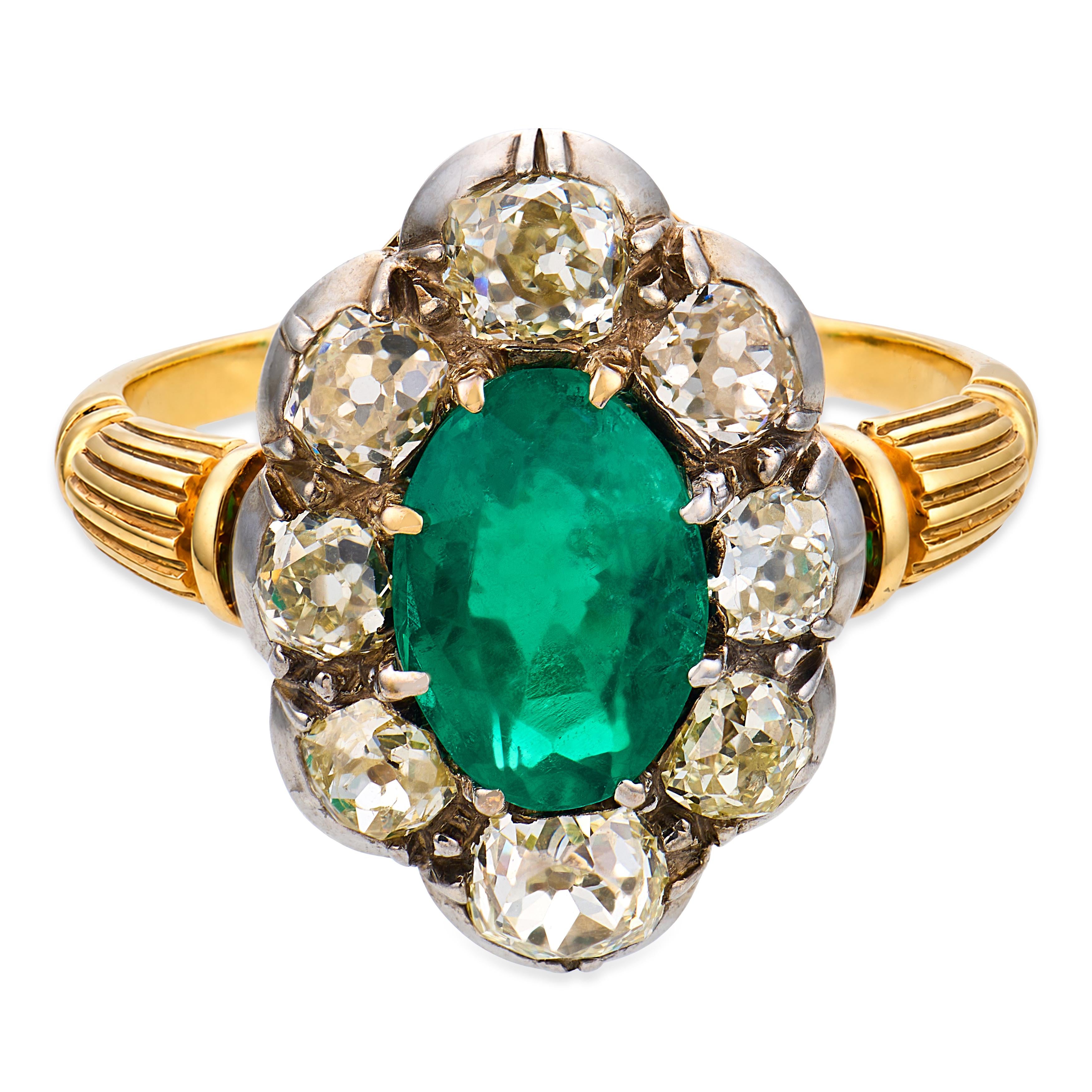 Victorian emerald diamond 18k yellow gold silver top cluster ring