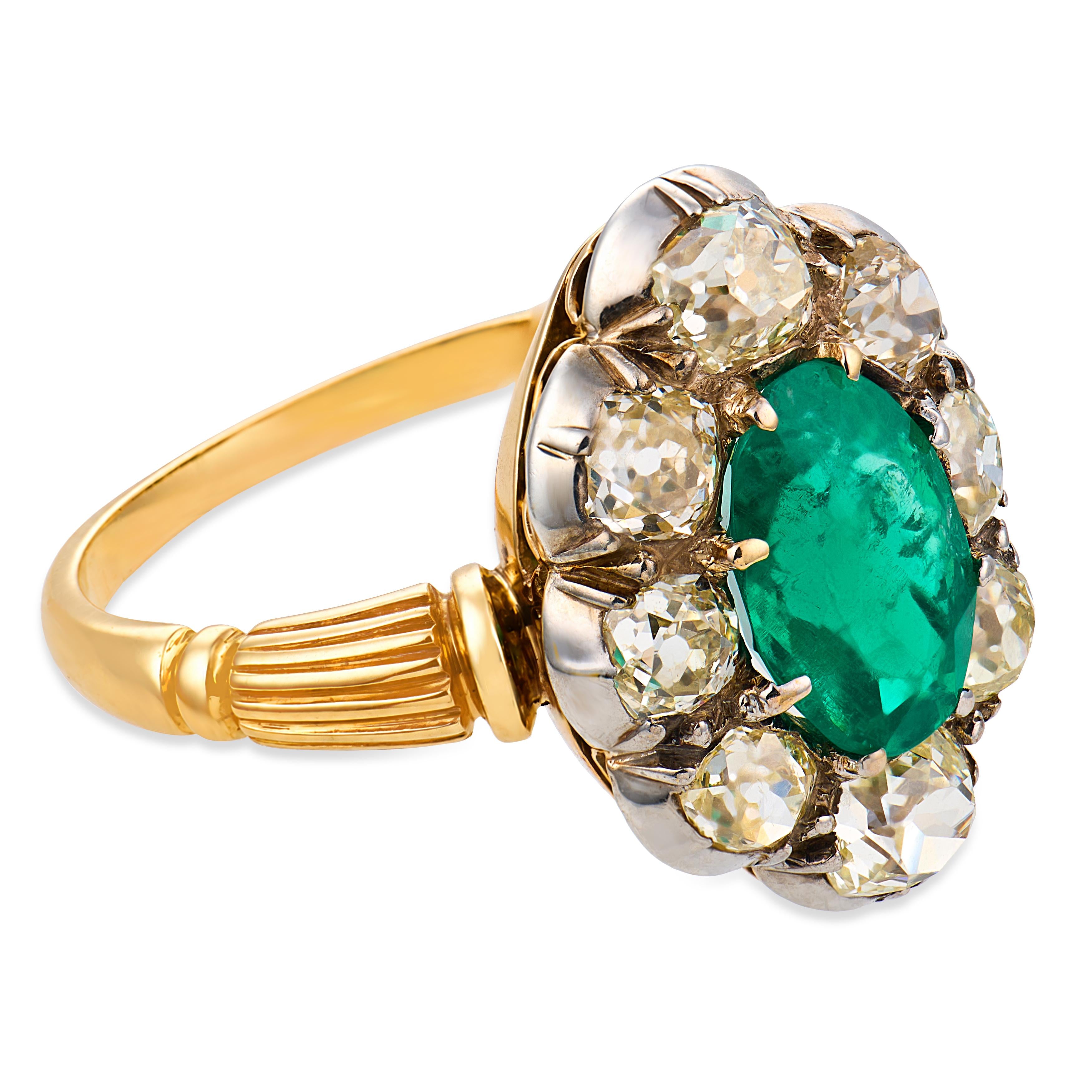 Victorian emerald diamond 18k yellow gold silver top cluster ring