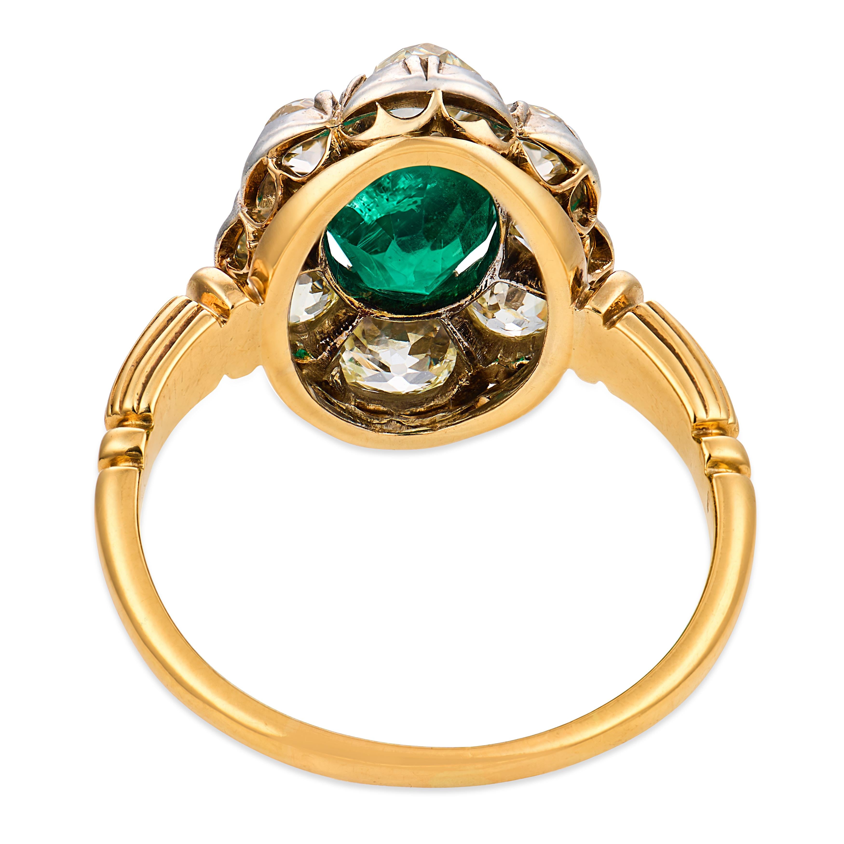 Victorian emerald diamond 18k yellow gold silver top cluster ring