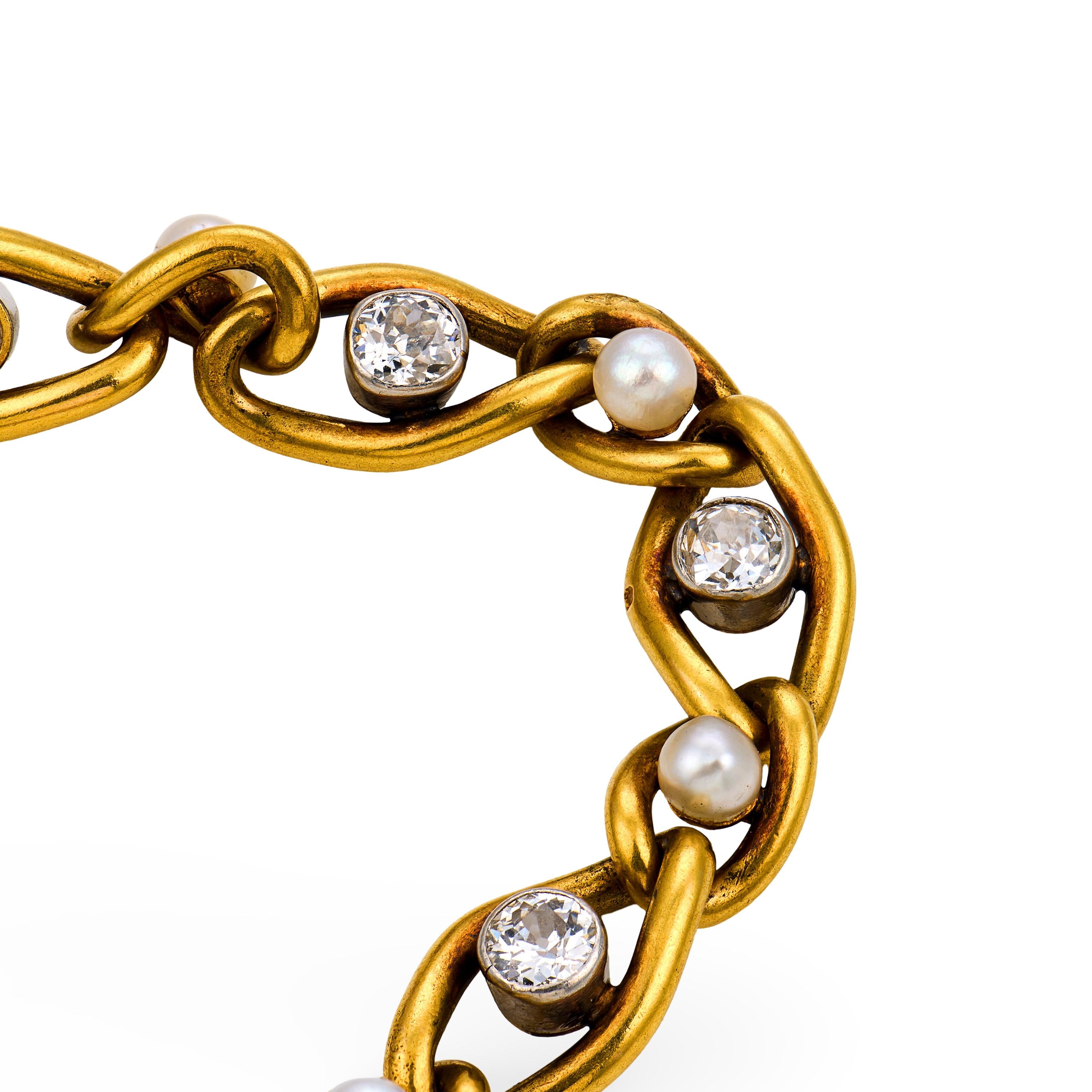 French Belle Époque diamond pearl 18k yellow gold bracelet