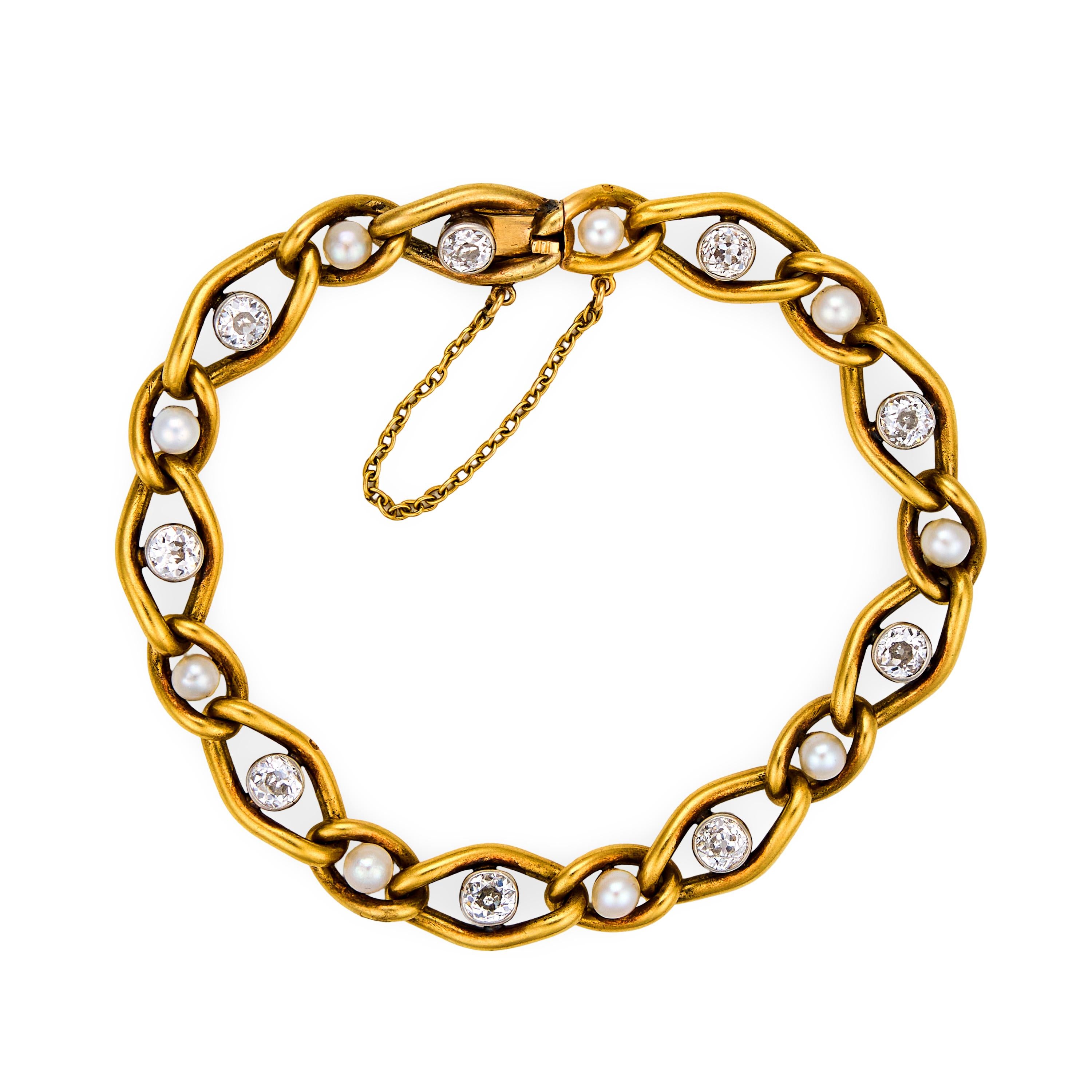 French Belle Époque diamond pearl 18k yellow gold bracelet